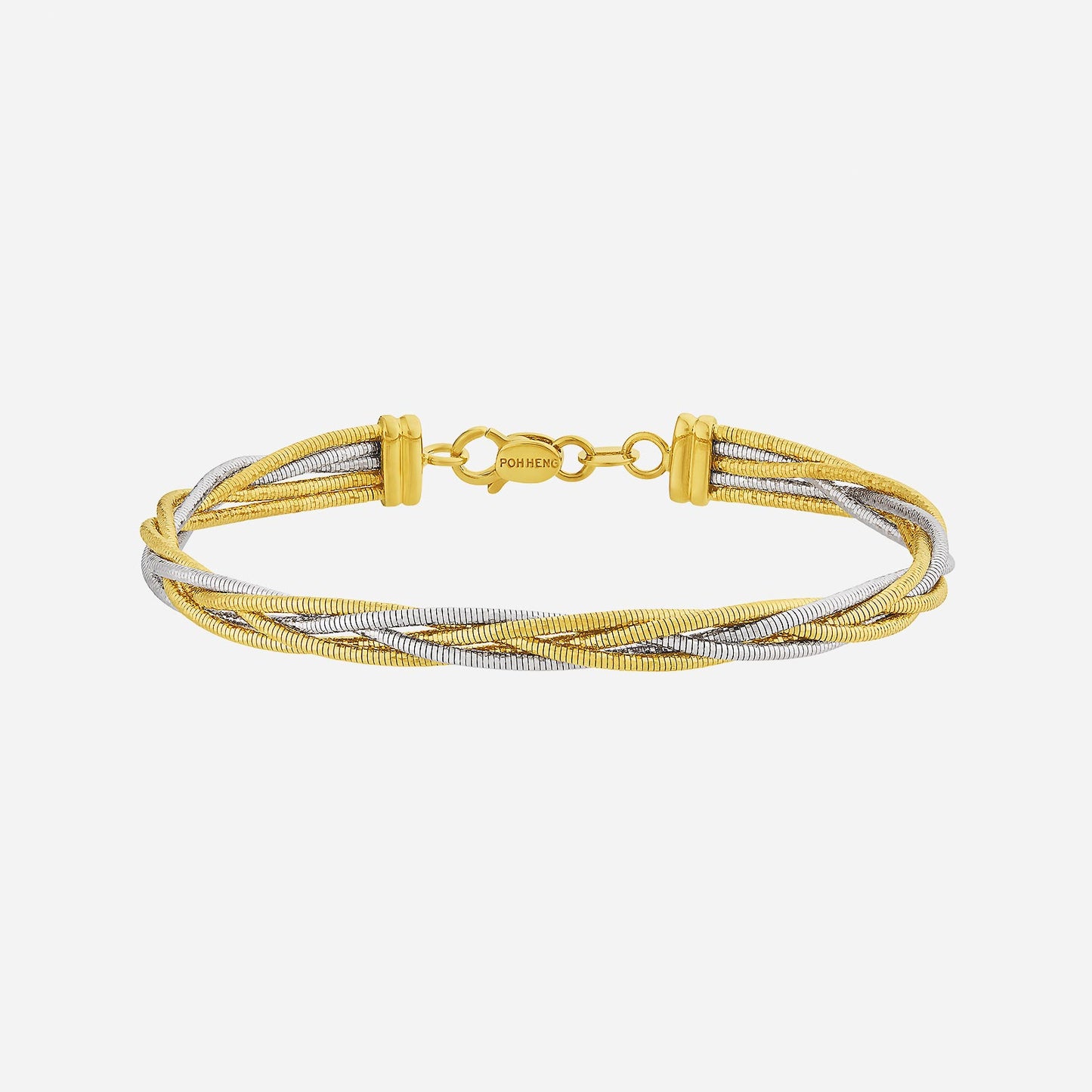interlaced bangle in 22k yellow and white gold with a unique twisted design and secure clasp closure.