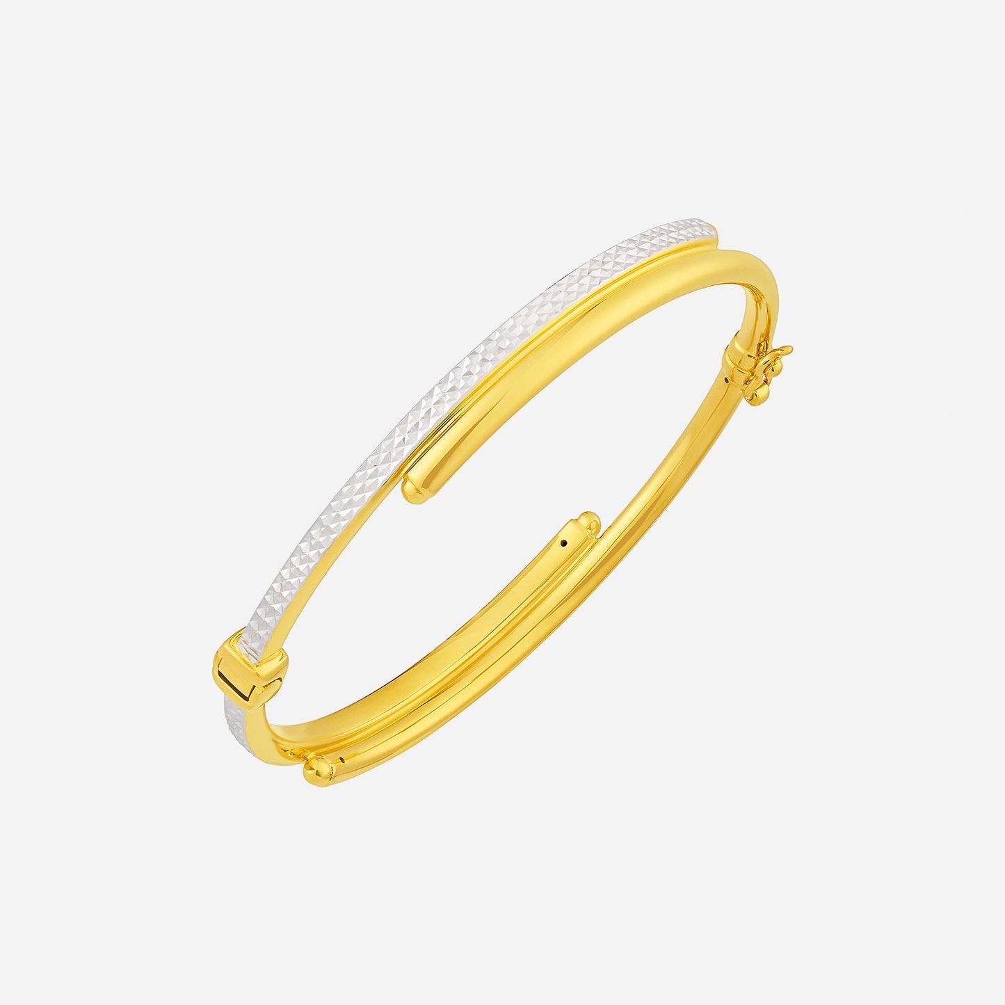 22k bypass bangle in polished yellow gold with textured white gold band, featuring a contemporary sleek design.