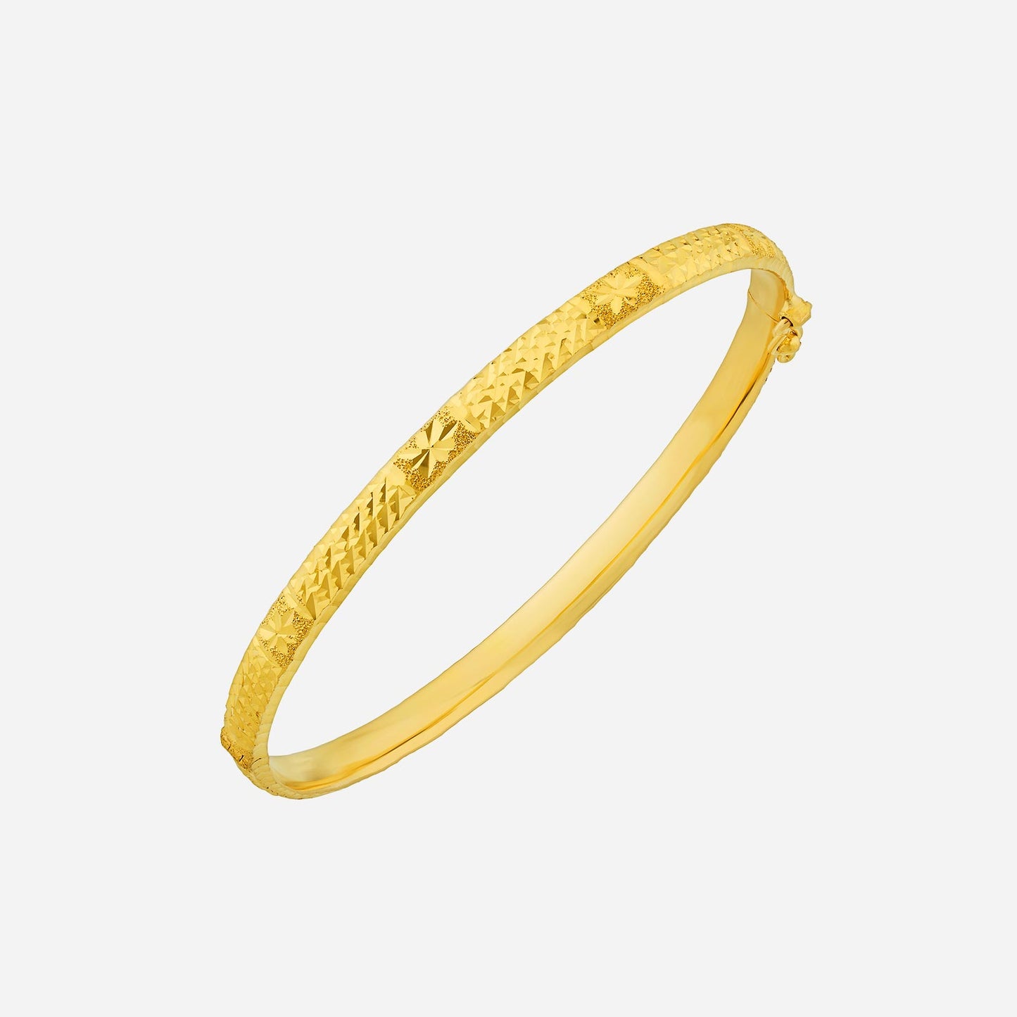crafted bangle in 22k yellow gold with intricate textured patterns and a sleek modern design.