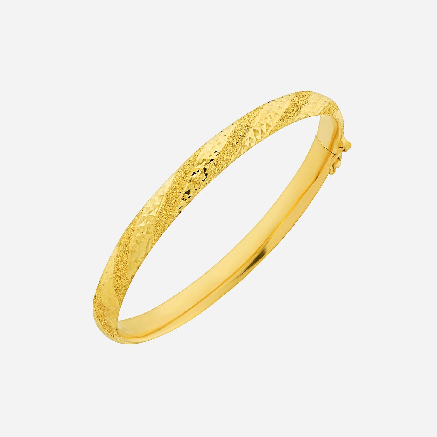 crafted bangle in 22k yellow gold with textured and polished finish, suitable for everyday elegance.