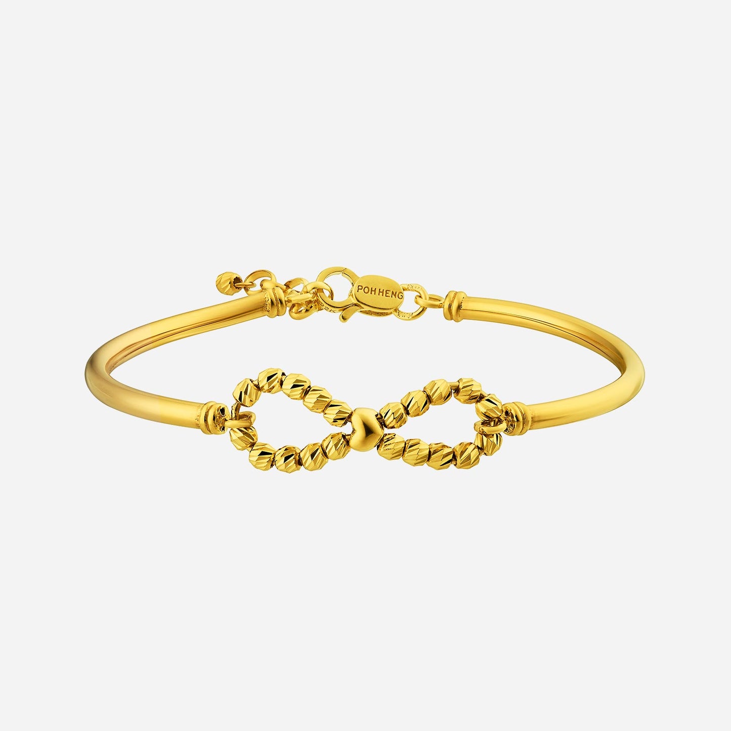 infinity beaded bangle in 22k yellow gold, featuring a unique infinity design with textured bead accents.