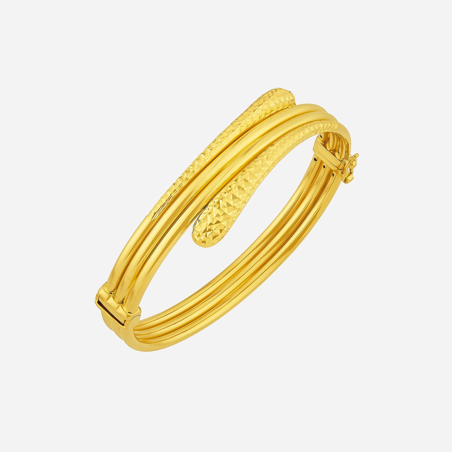 22k yellow gold bangle with layered design and textured finish, featuring a sophisticated and unique look.