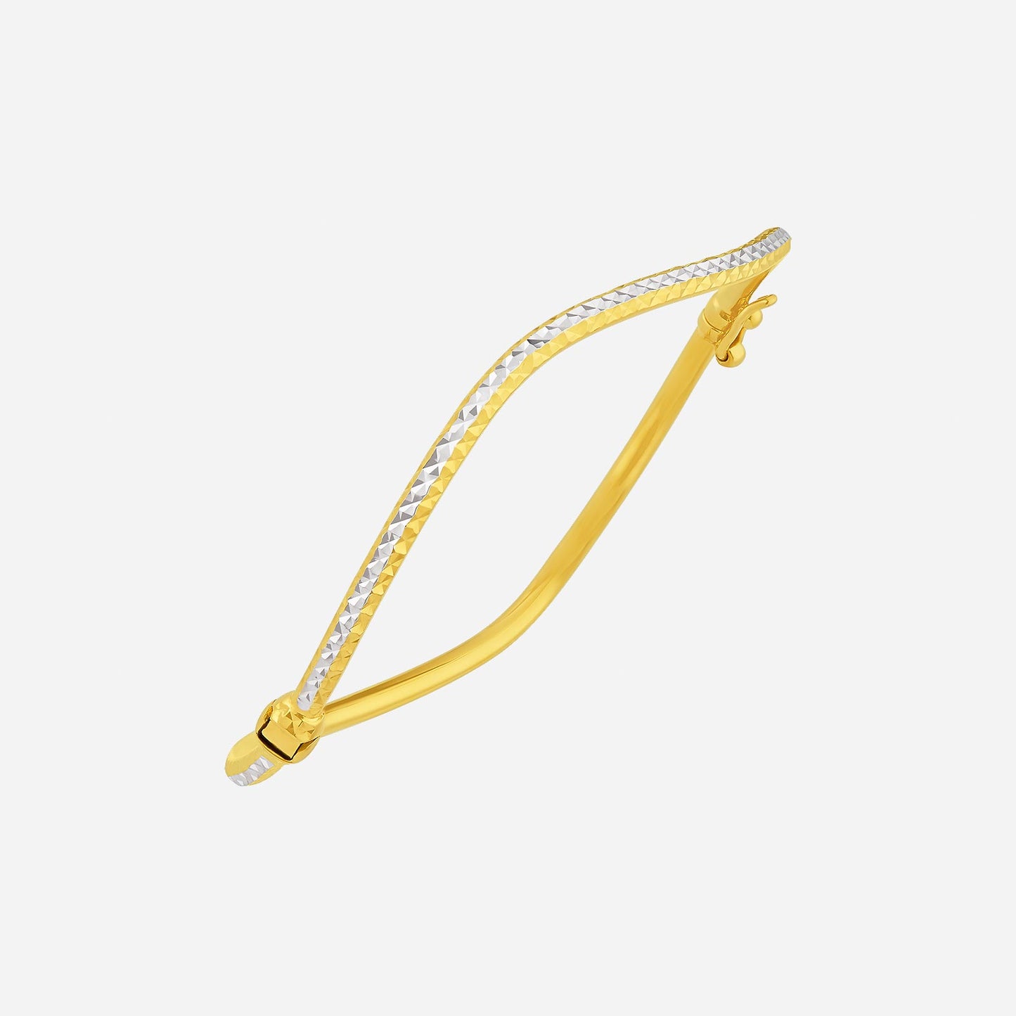 22k yellow and white gold bangle with a sleek design and a continuous curve, showcasing elegant minimalism.