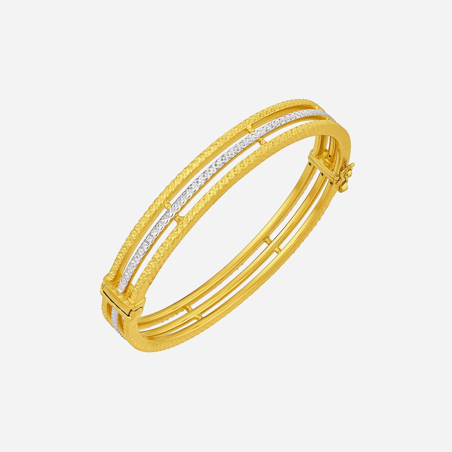22k yellow and white gold bangle with textured design and two parallel white gold bands adding elegance.