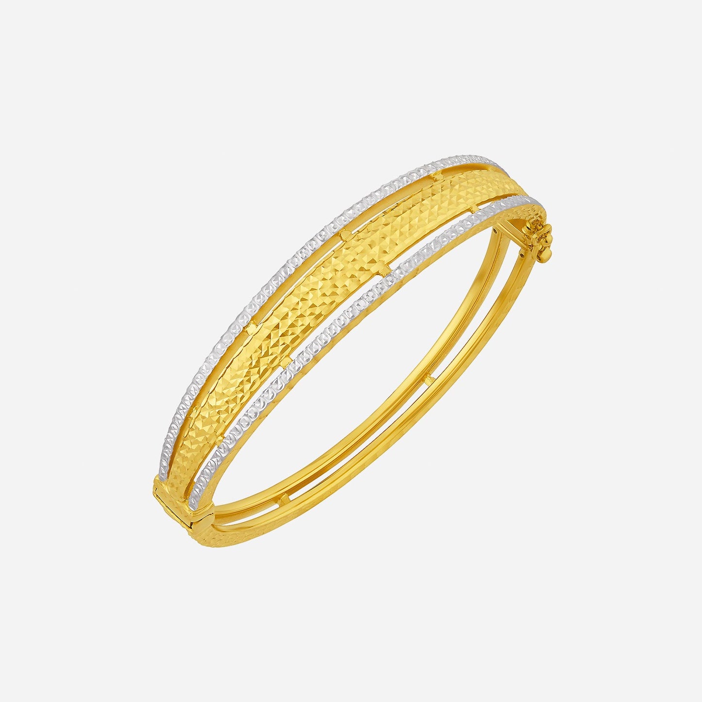 22k bangle in yellow and white gold with intricate textured design, luxurious and eye-catching.