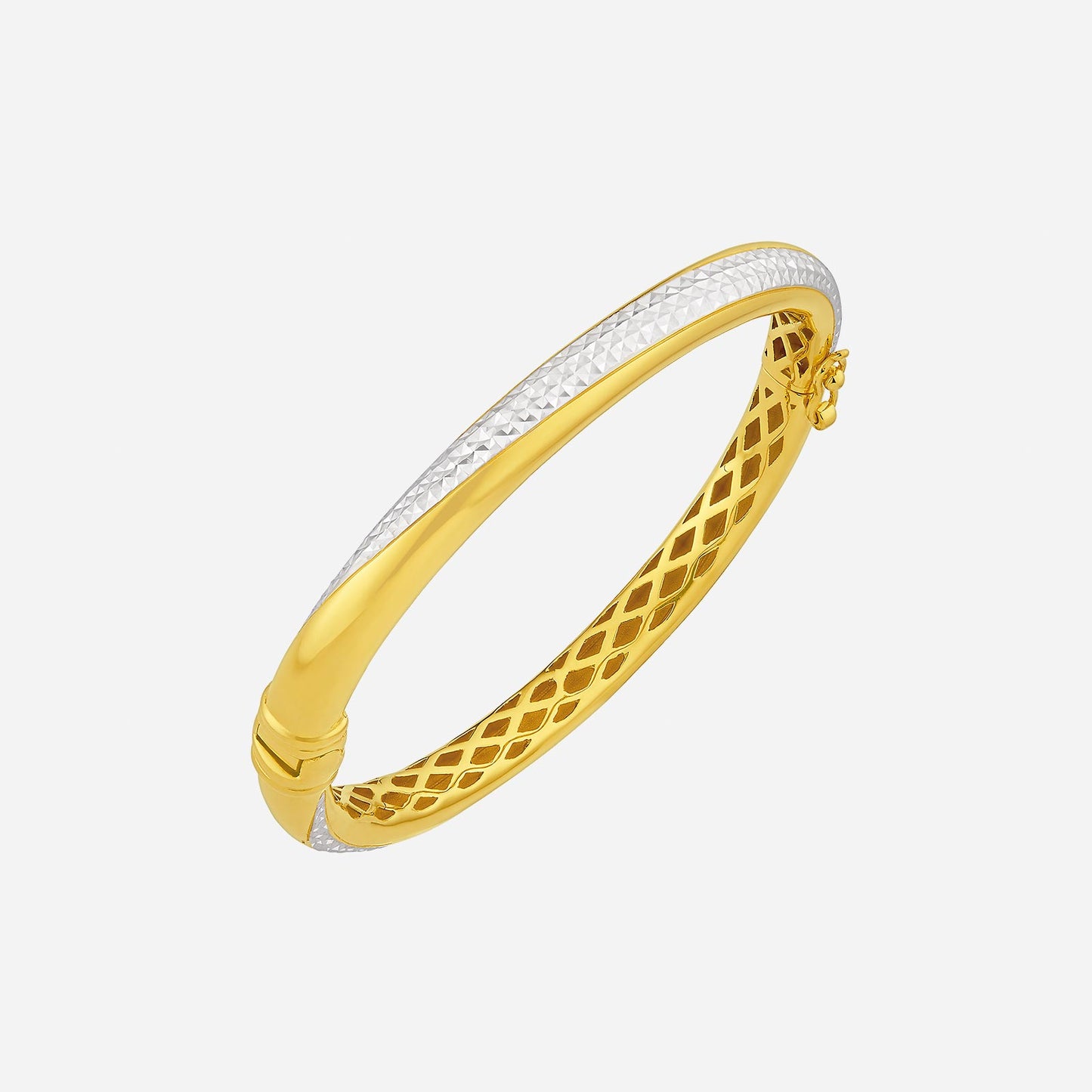elegant 22k yellow and white gold bangle with intricate design and curved silhouette, showcasing a unique mesh pattern.