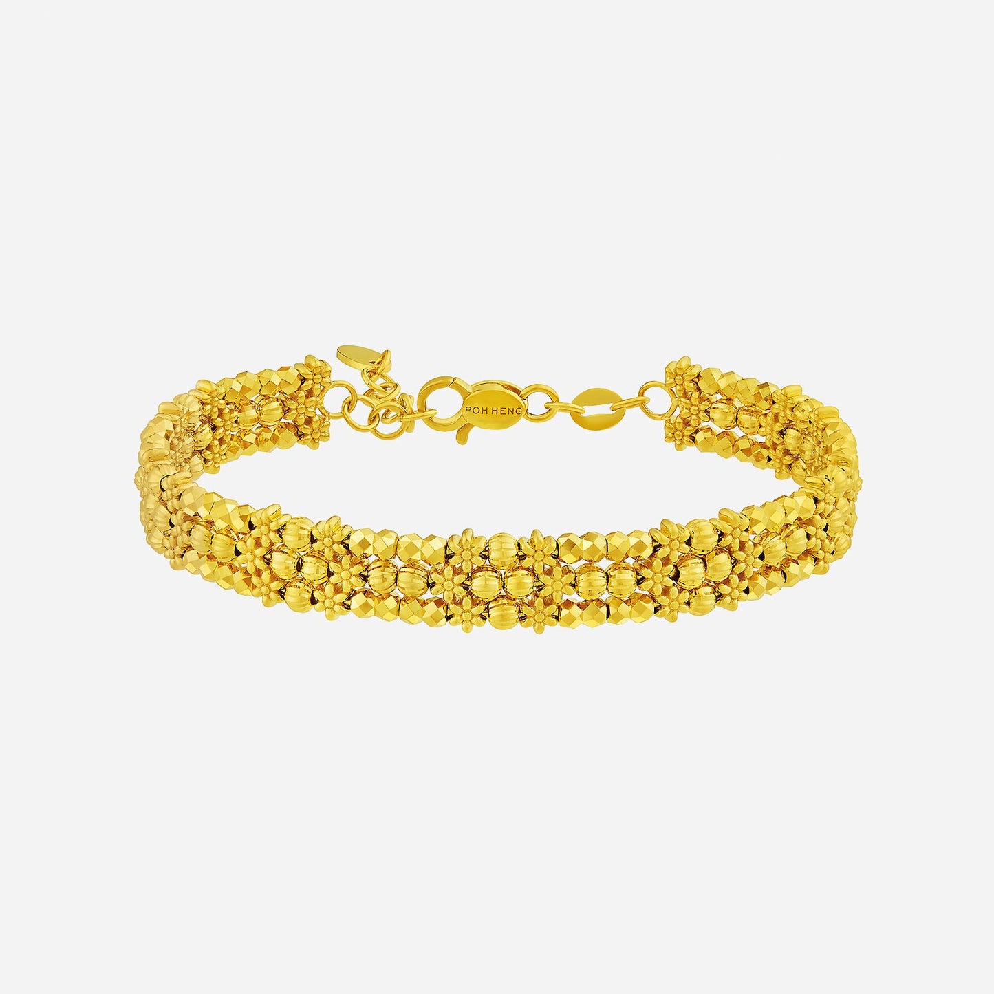 radiant bangle in 22k yellow gold with intricate bead and floral design, perfect for adding elegance to any outfit.