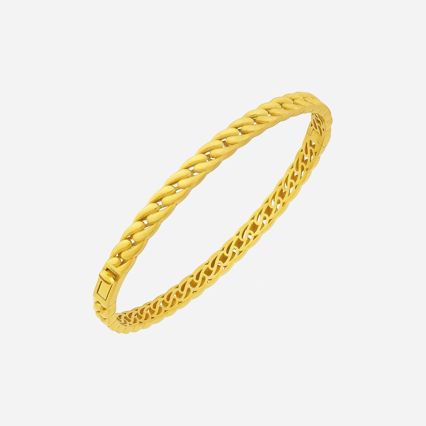 22k yellow gold bangle with a sleek braided design, showcasing elegance and sophistication.