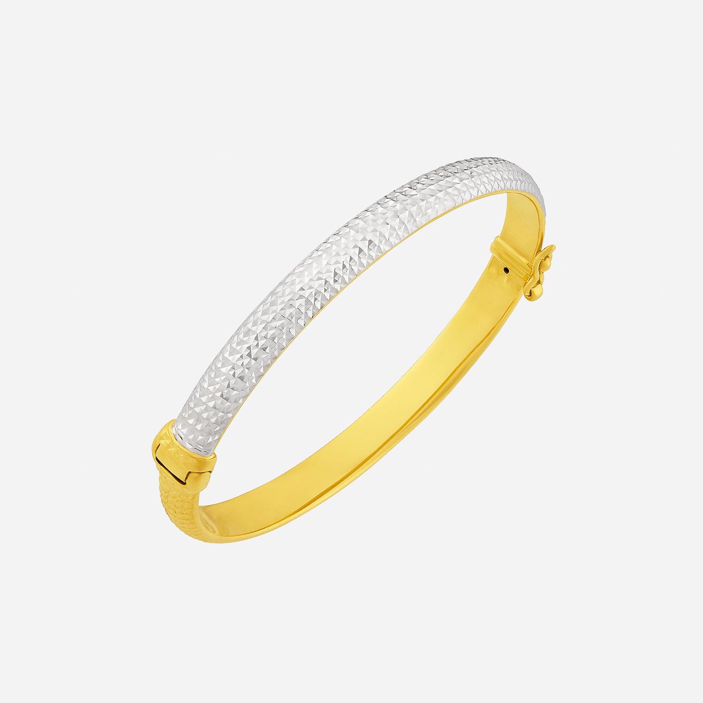 22k yellow and white gold bangle with a textured design, perfect for elegant everyday and special occasion wear.