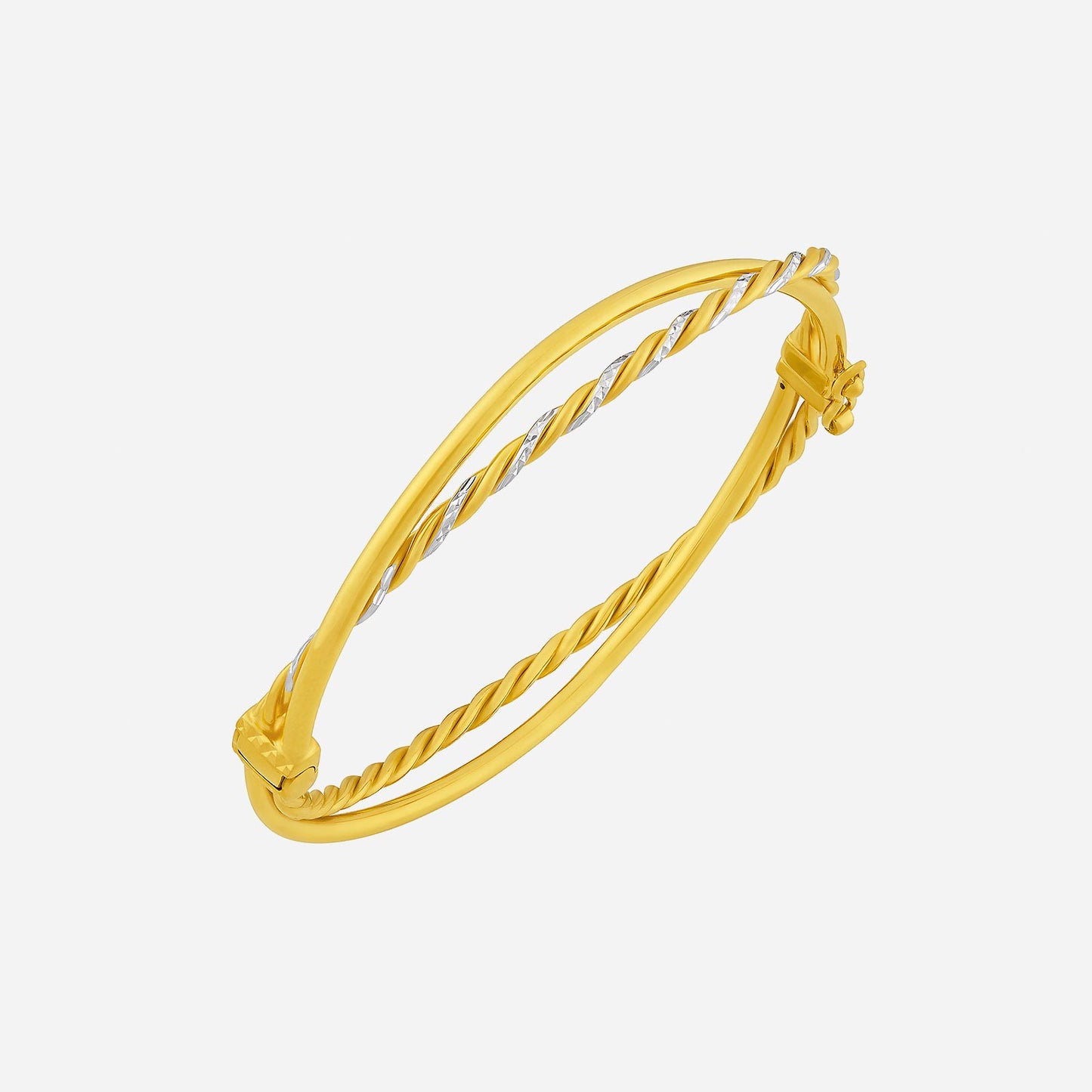 22k yellow and white gold bangle with minimalist twisted design, perfect for casual or formal occasions.