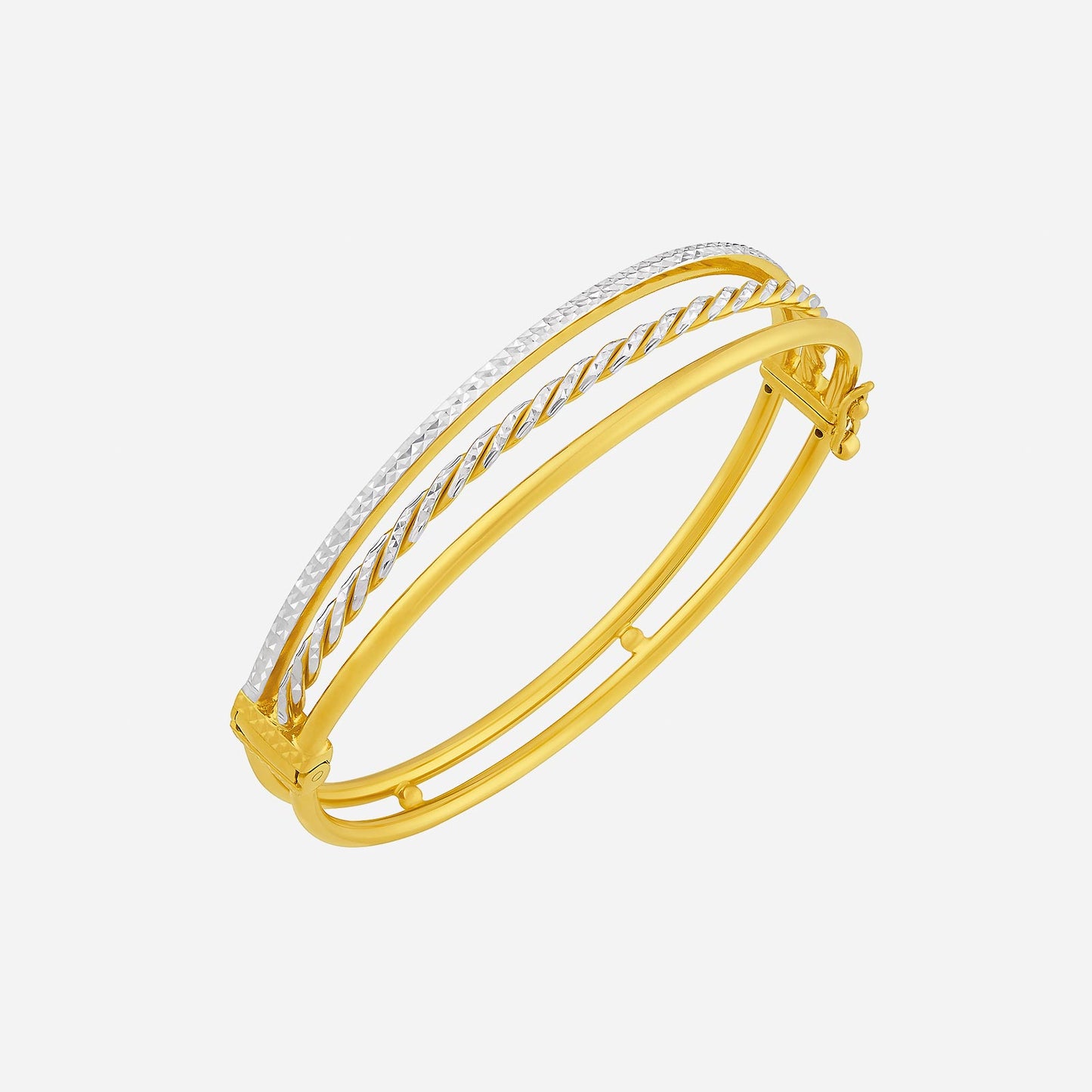 22k yellow and white gold bangle with twisted design and textured surface, perfect for casual and formal wear.