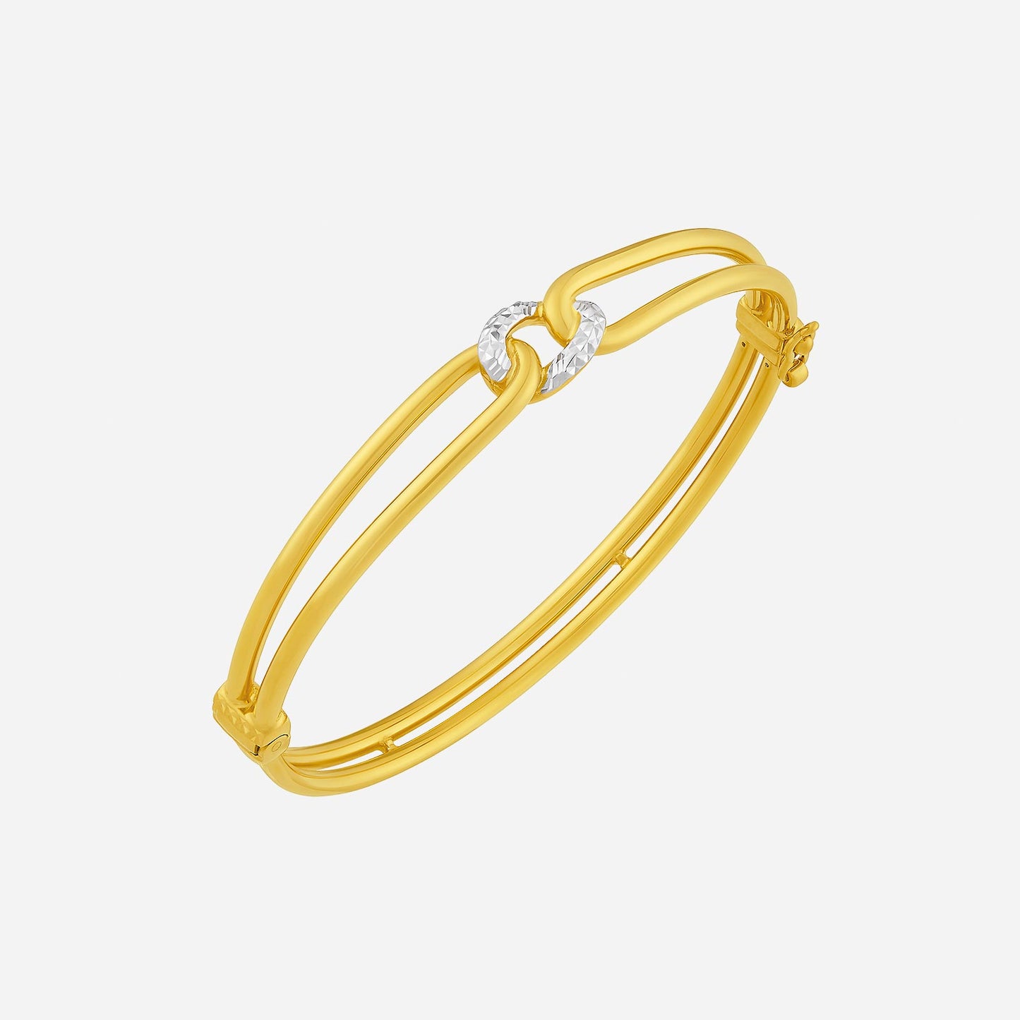 elegant 22k yellow and white gold bangle with interlocking design and sparkling accents, perfect for any occasion.