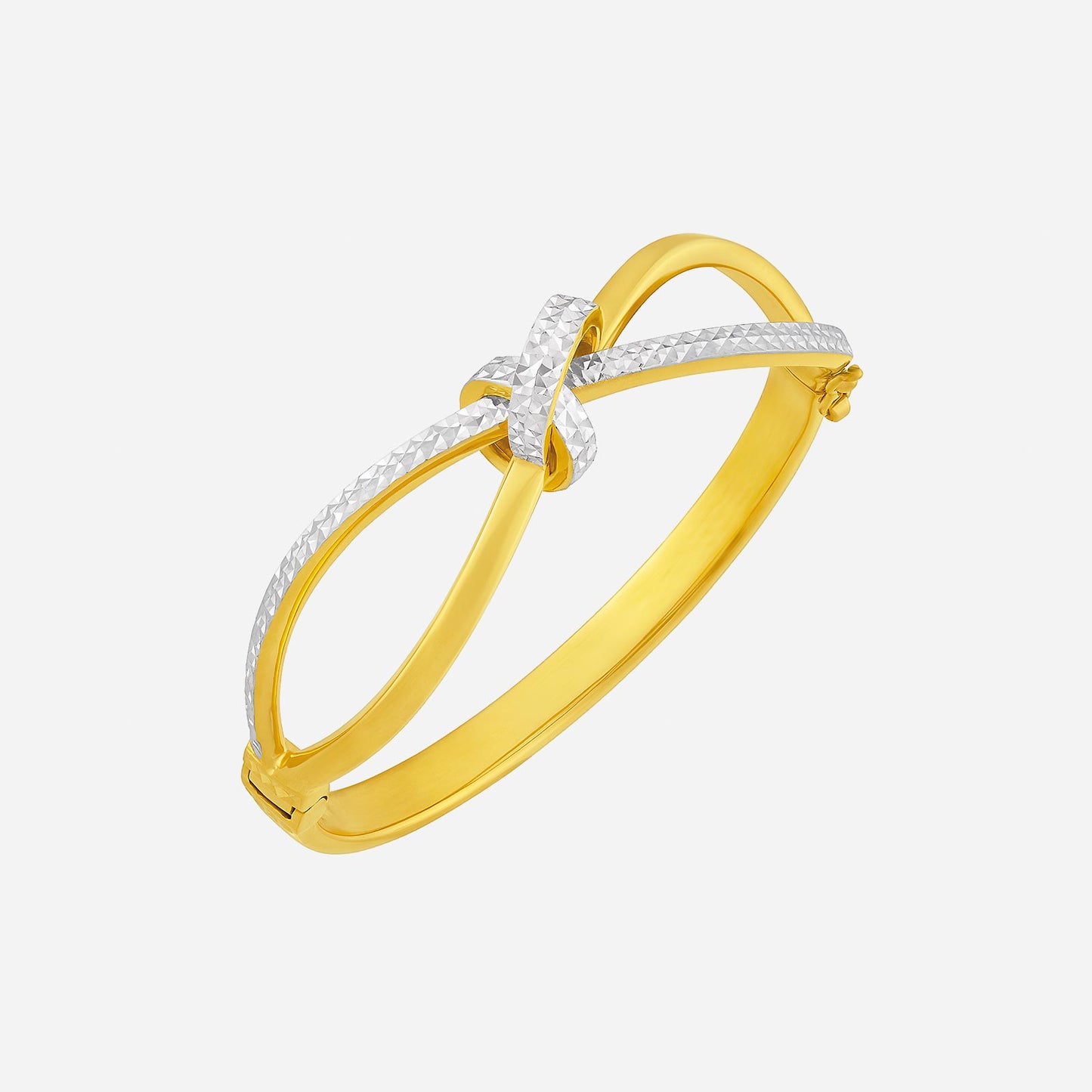 yellow and white gold infinity design bangle with a polished finish and textured center knot detail.