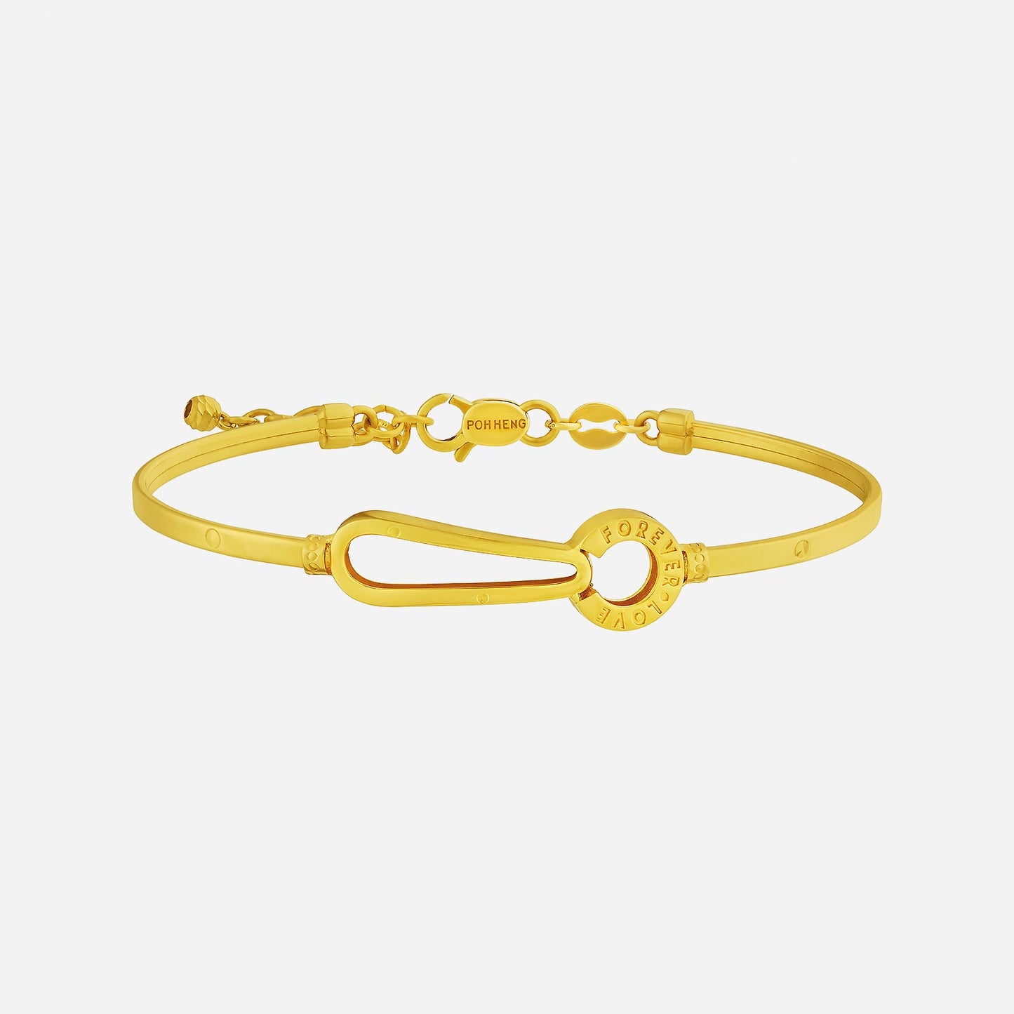 infinity curve bangle in 22k yellow gold featuring a sleek curve and "forever love" engraving. elegant and modern design.