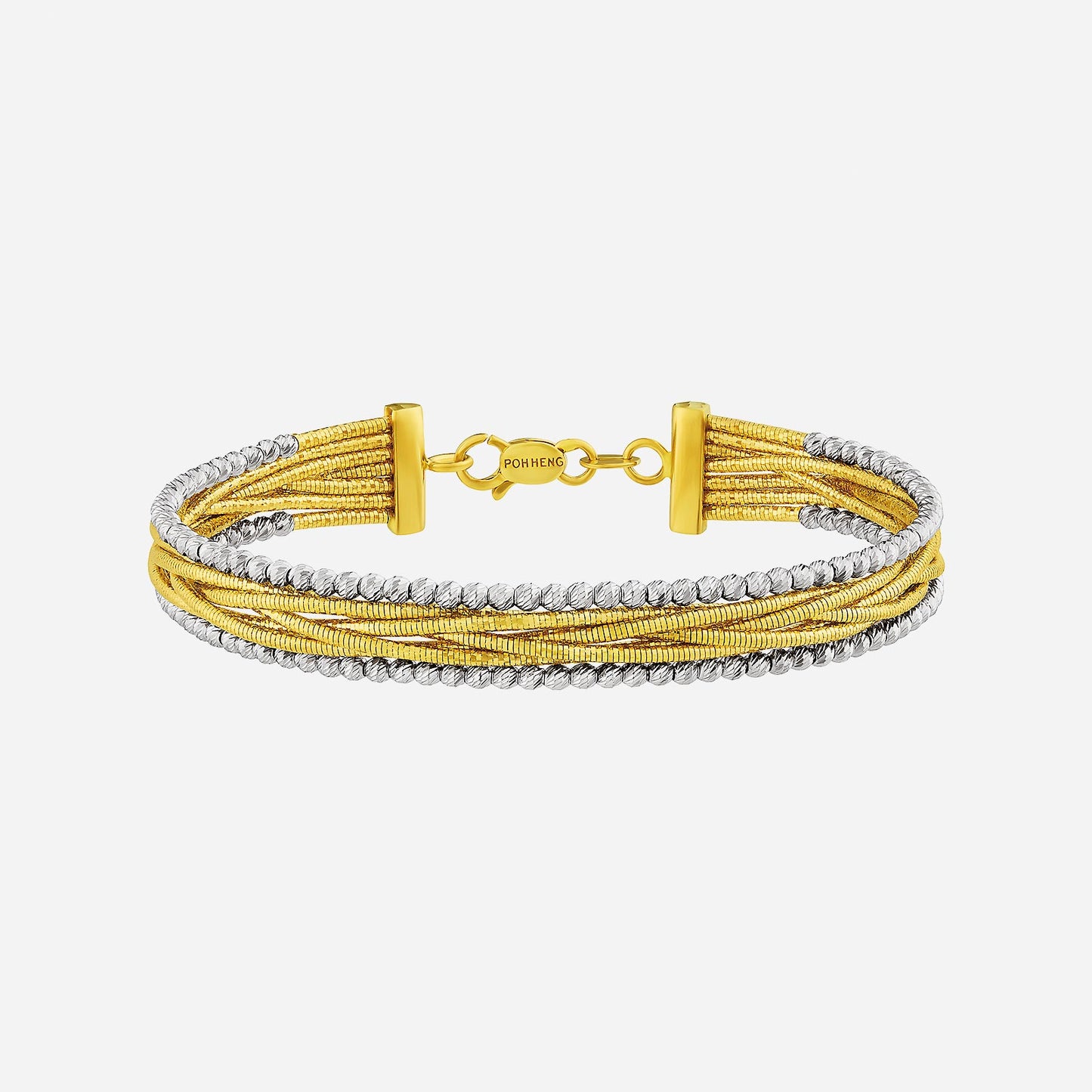 radiant bangle in yellow and white gold with entwined strands, designed for a shimmering, elegant look.