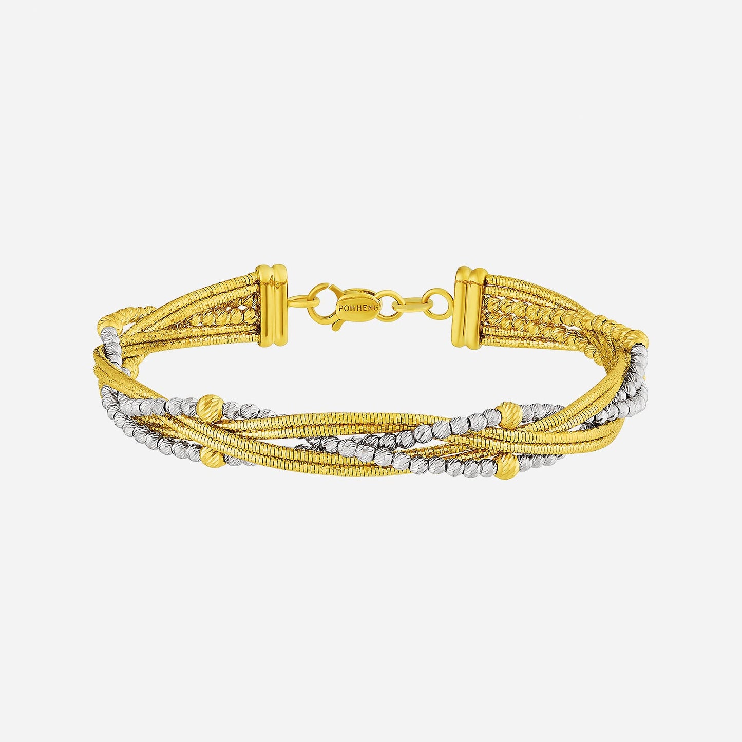 radiant bangle in twisted 22k yellow and white gold with layered weave design, showcasing elegance and sophistication.