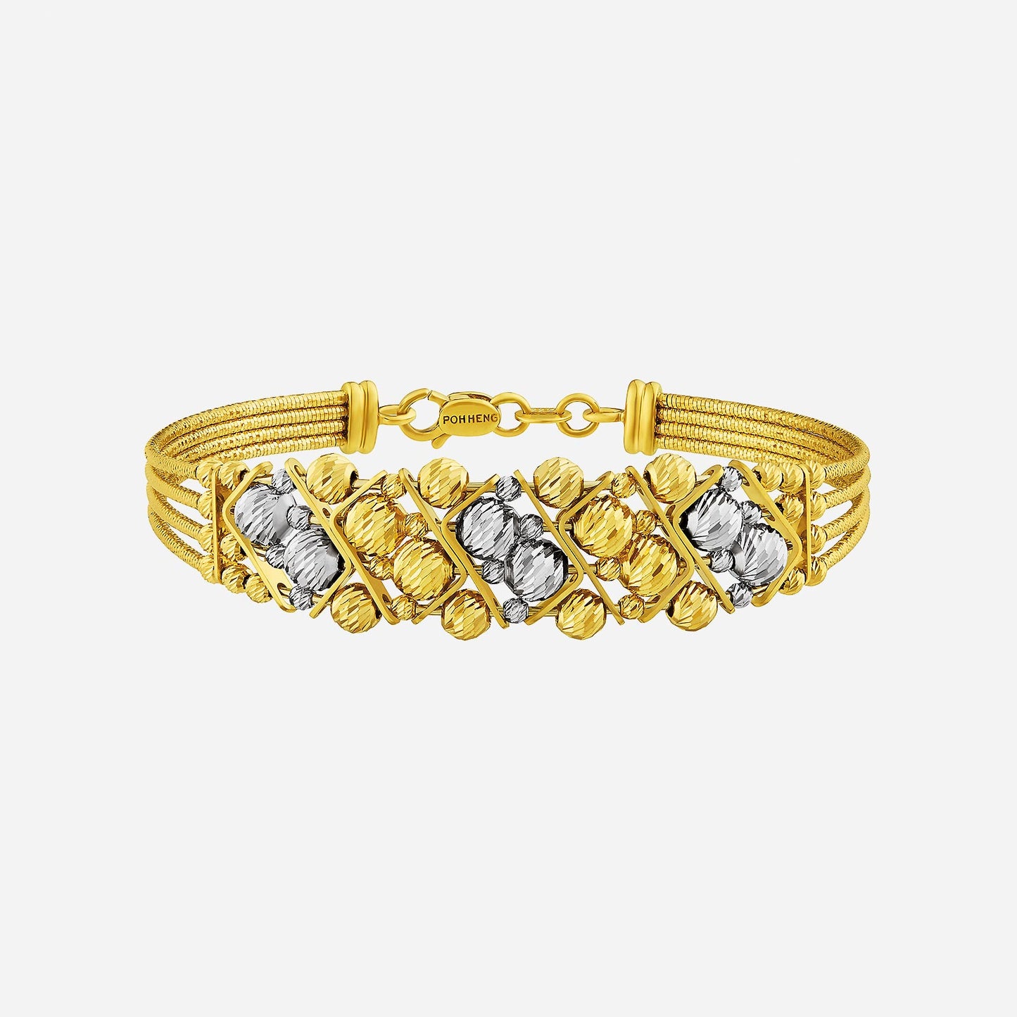 radiant bangle in 22k yellow and white gold with layered designs and intricate detailing. a subtle elegance statement.