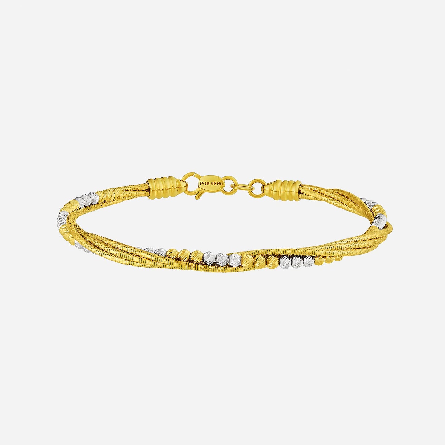 twisted yellow and white gold bangle with faceted detailing for a sophisticated look. perfect for any occasion.