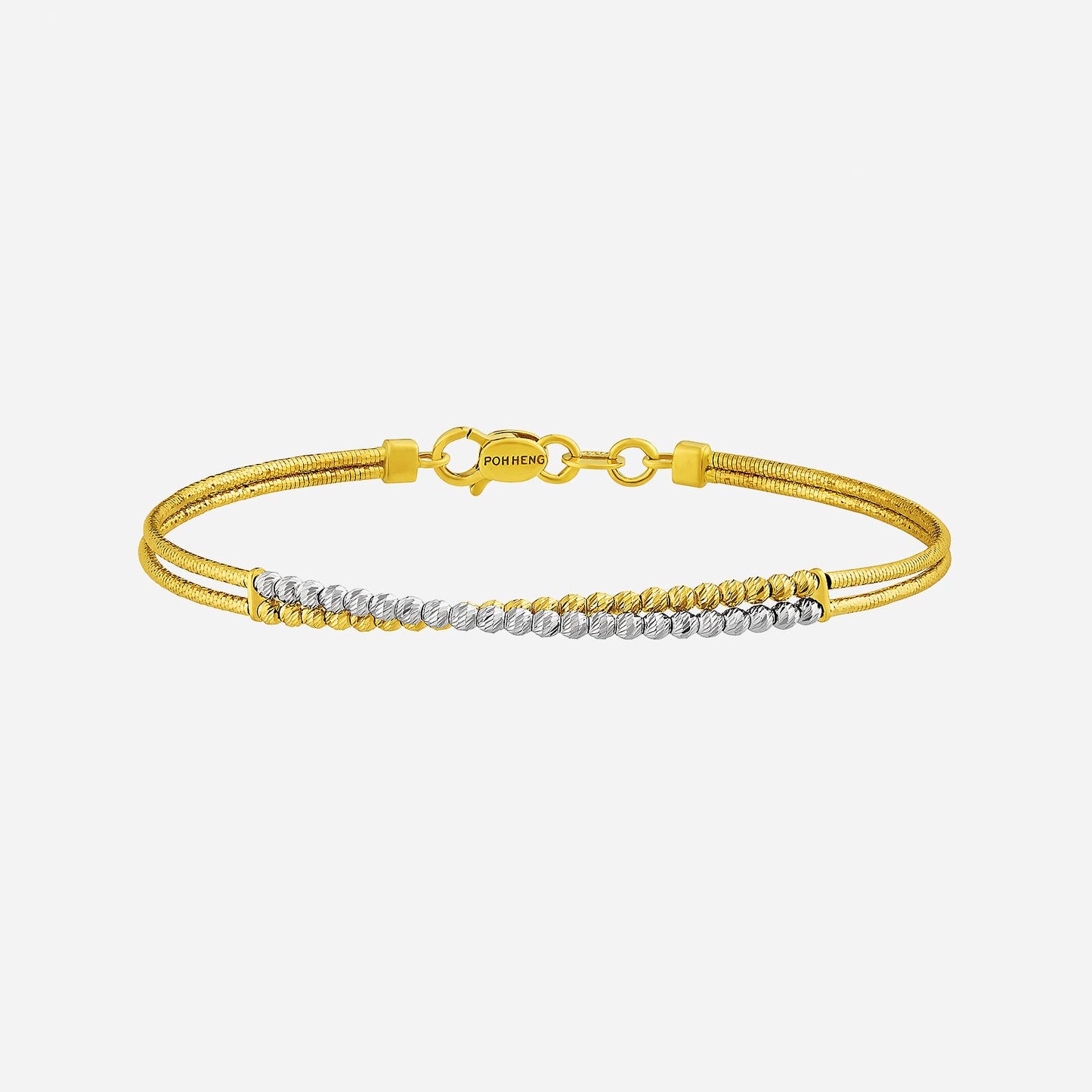 slim radiant bangle in 22k yellow and white gold with a twist design and polished finish, perfect for layering.