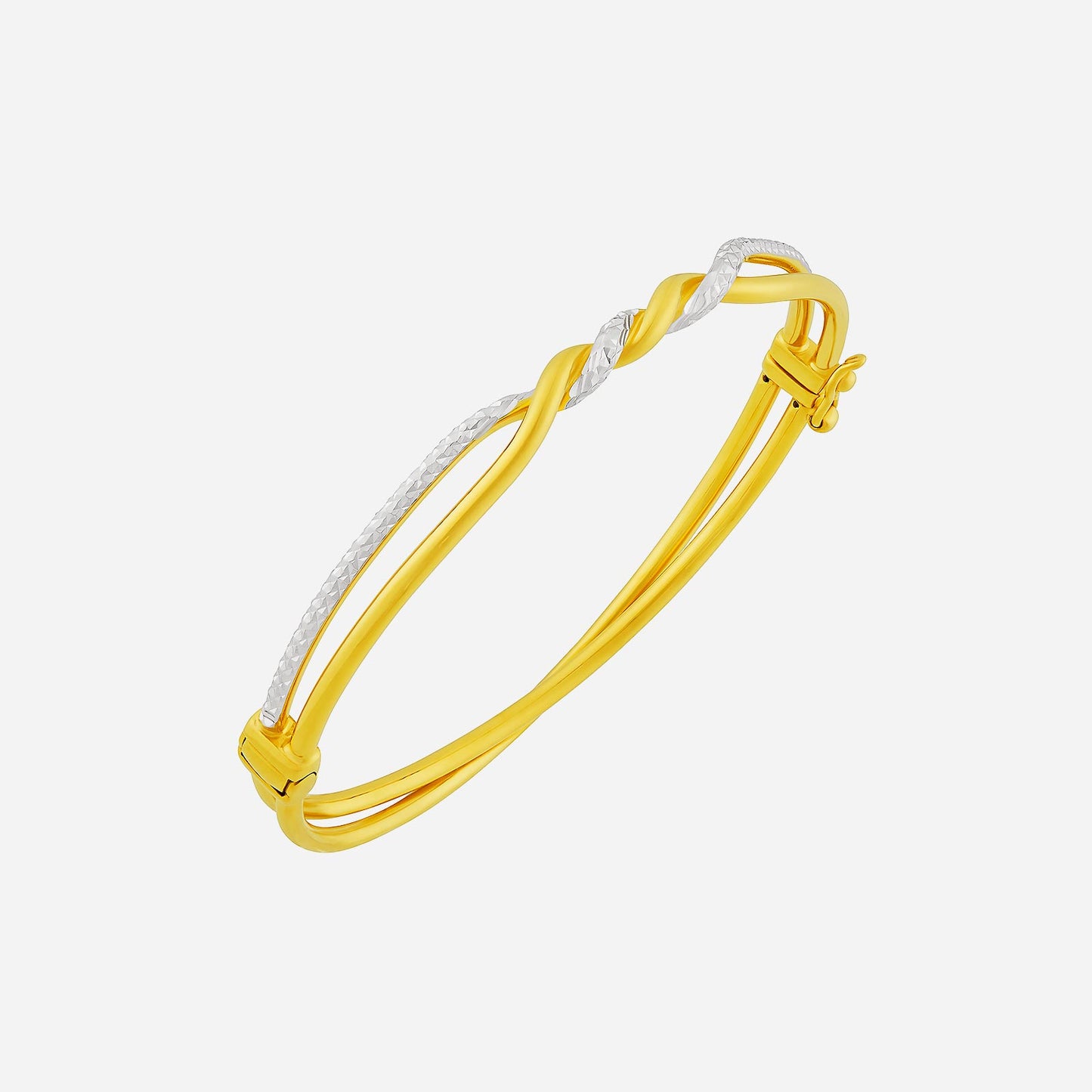 interlace bangle in 22k yellow and white gold, featuring entwined textured strands for a graceful design.