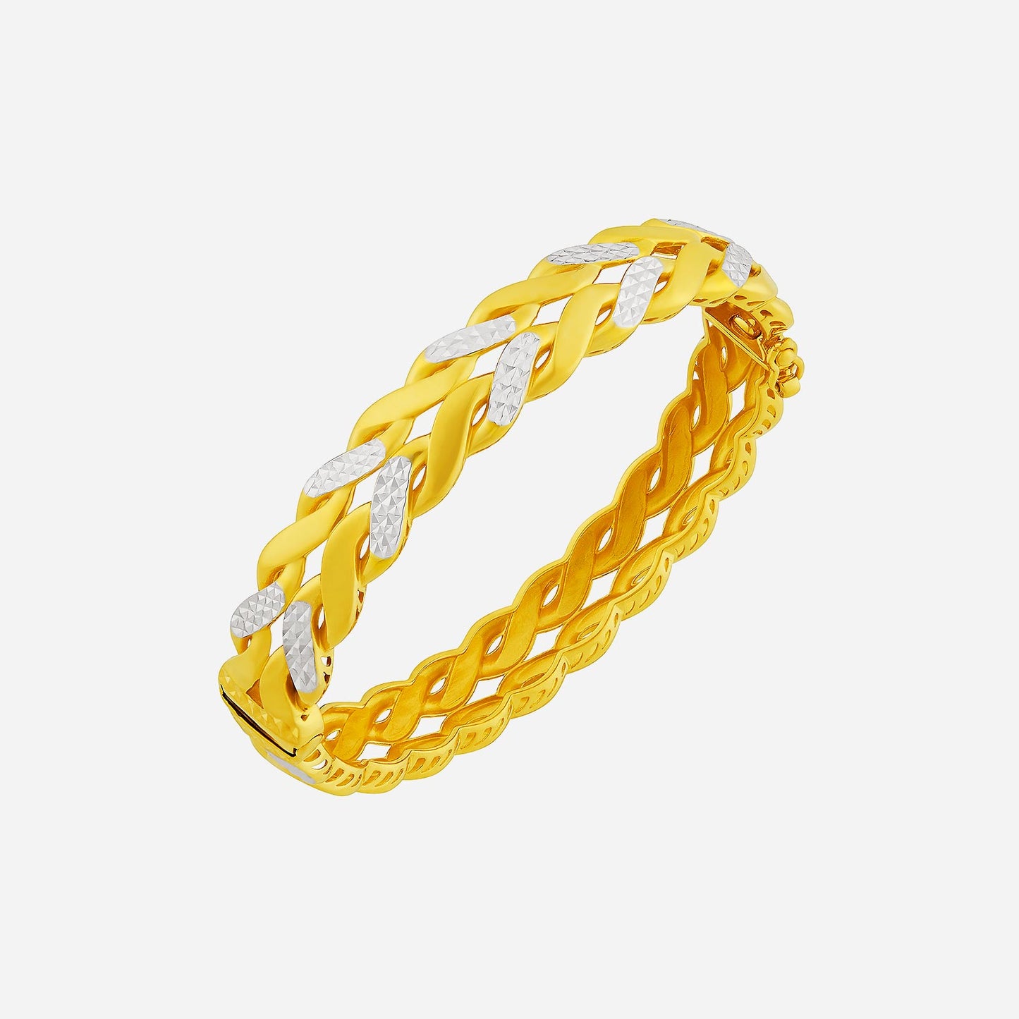 interlace bangle in 22k yellow and white gold with bold woven design and polished finish.