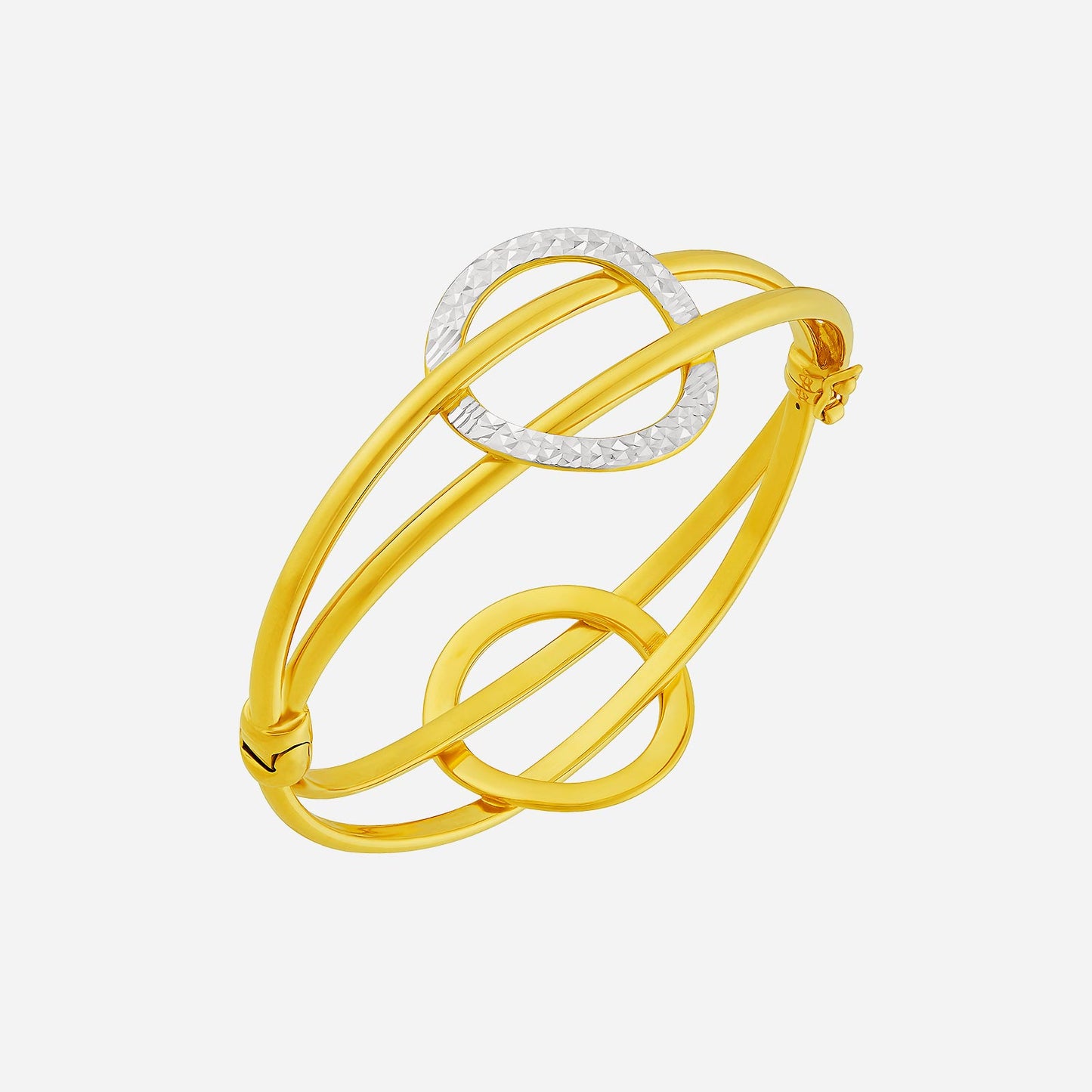 infinity bangle in 22k yellow and white gold with polished and textured circle design, symbolizing elegance and continuity.