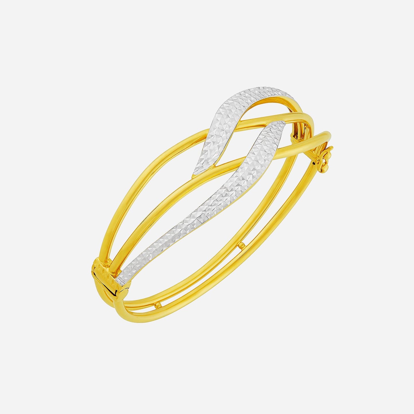 interlace bangle crafted in 22k yellow and white gold with sculpted bands featuring a textured design.