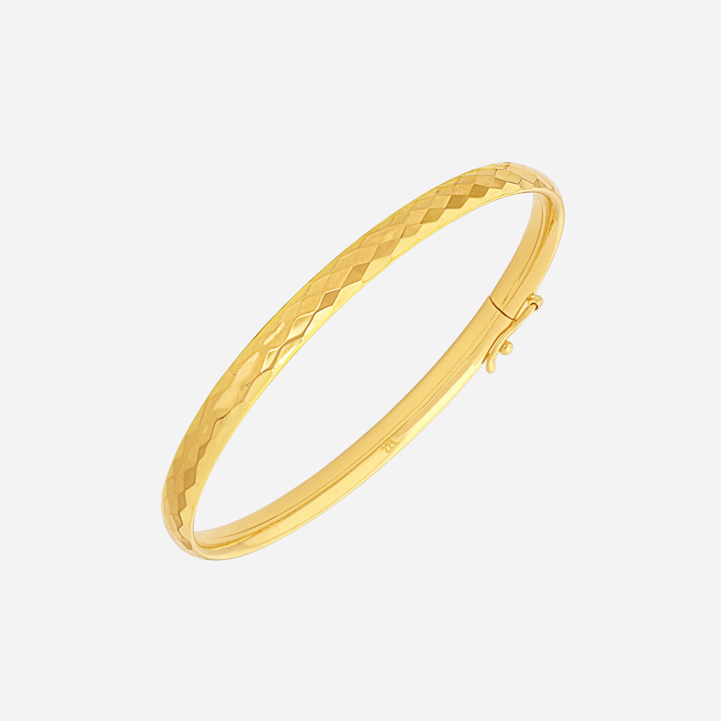 luxe gleam bangle in 22k yellow gold with delicate textured detailing reflecting light brilliantly.