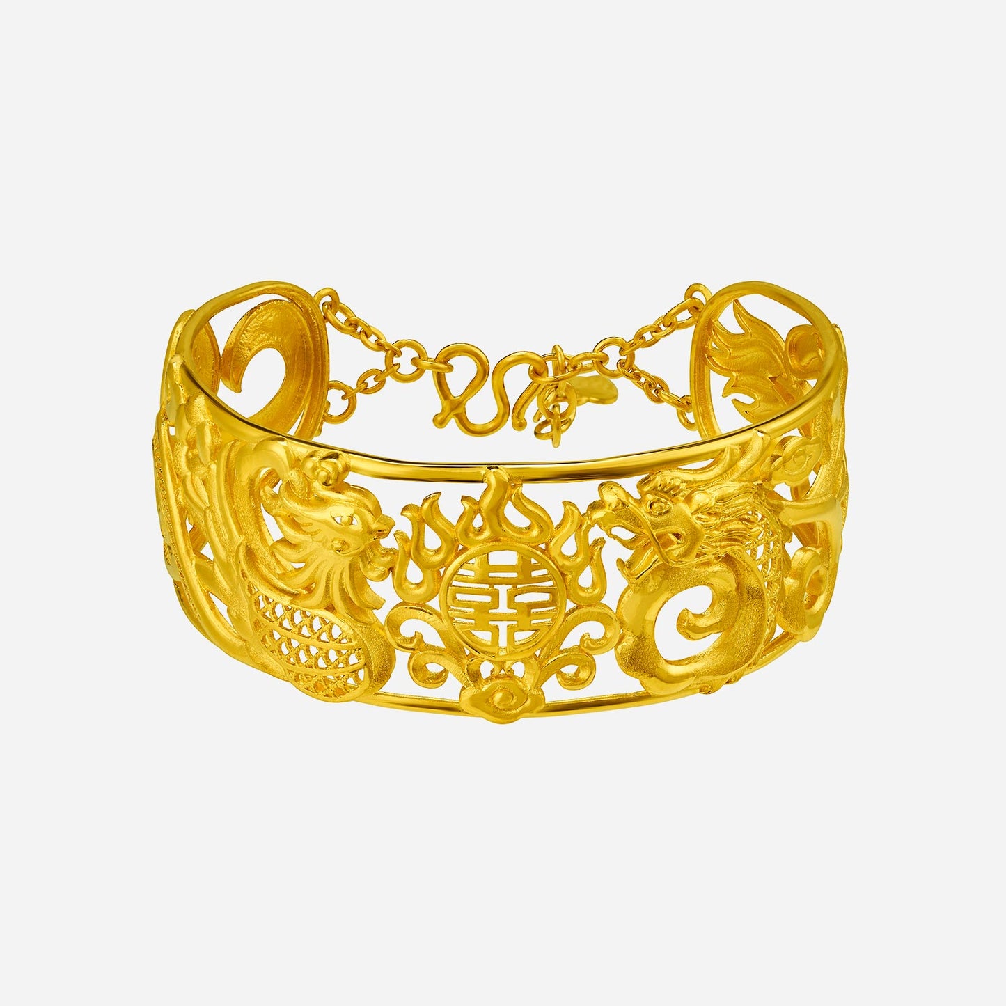 eternal harmony bangle in 24k yellow gold featuring dragon and phoenix motifs with intricate cutout design.