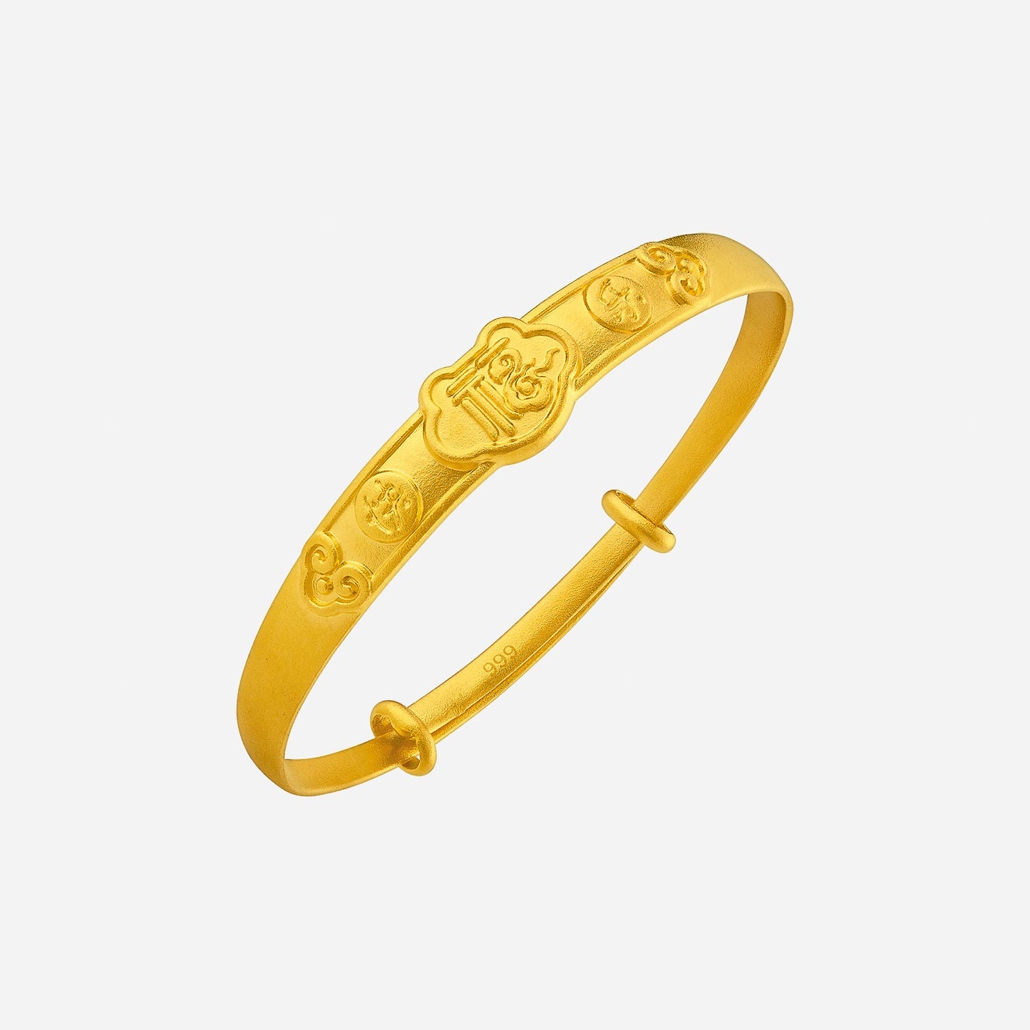 joyful baby bangle in 24k yellow gold with engraved symbols, representing happiness and prosperity for new beginnings.