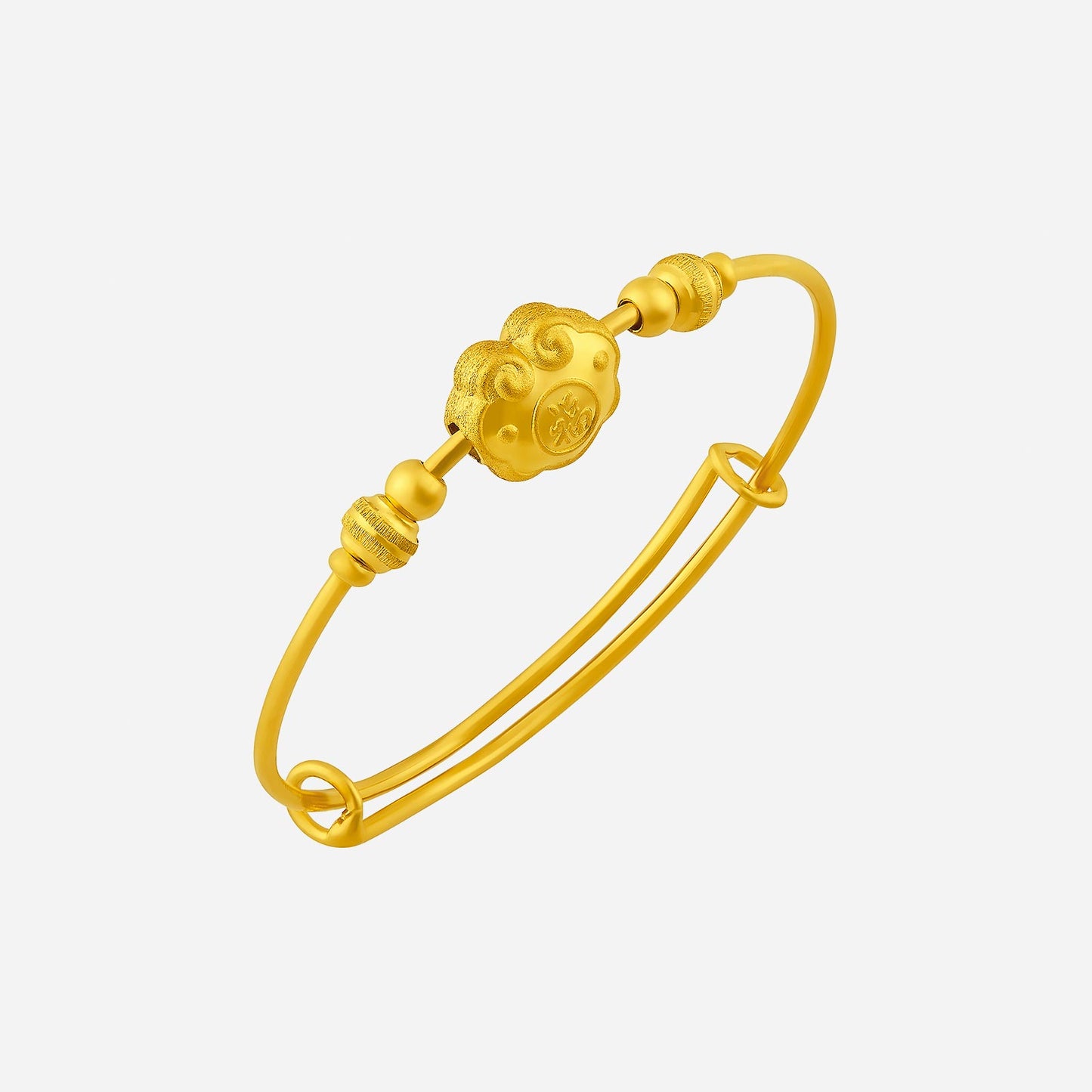 prosperity lock baby bangle in 24k yellow gold with decorative beads and a central good fortune symbol.
