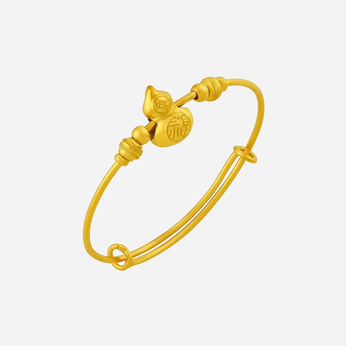 24k yellow gold gourd baby bangle featuring a decorative charm for protection and prosperity, perfect for little ones.