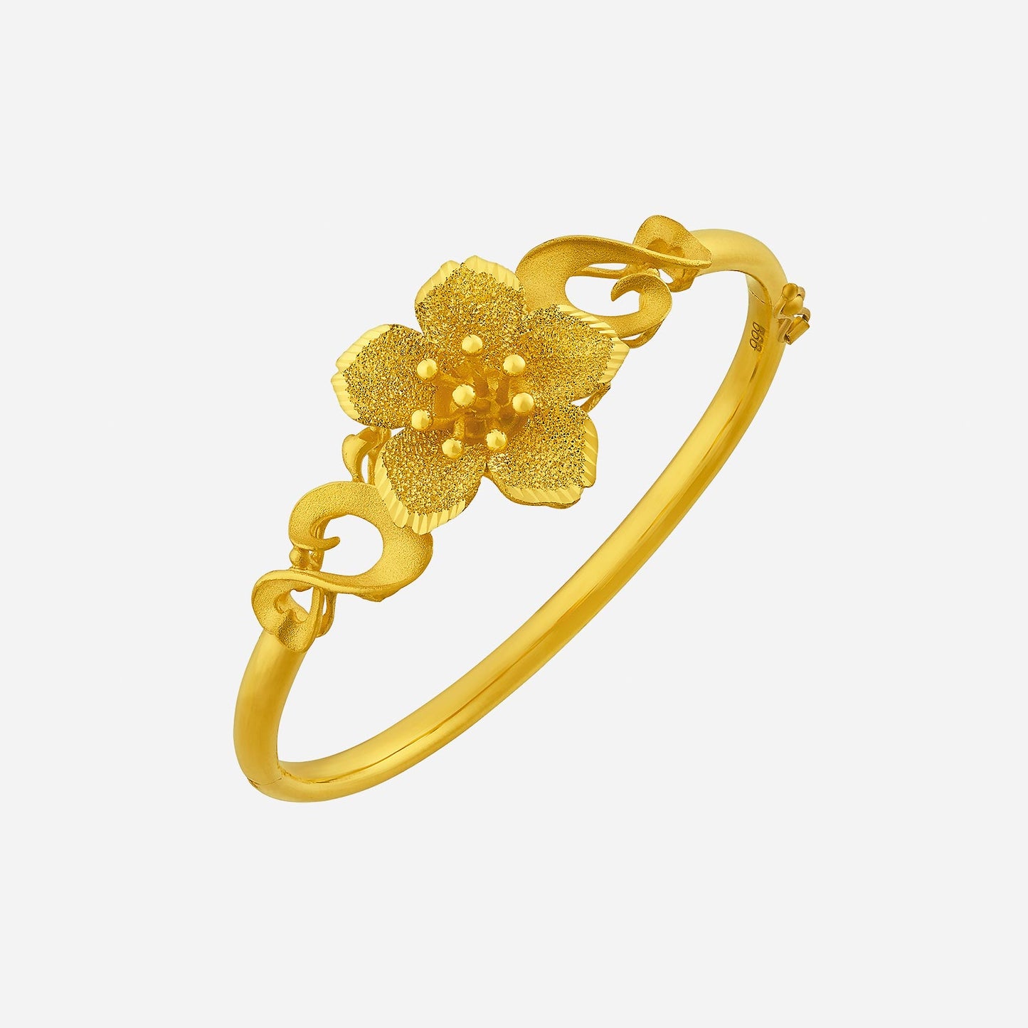 flower shape bangle in 24k yellow gold with intricate petal details and polished finish. elegant and nature-inspired design.