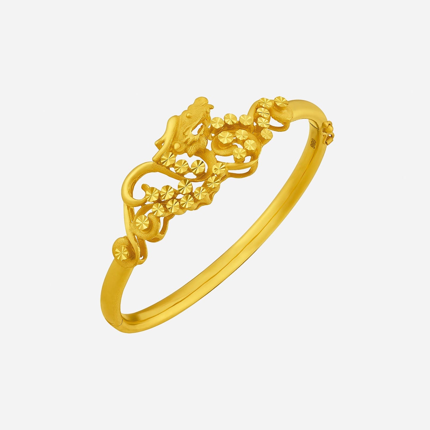 24k yellow gold dragon bangle featuring intricate dragon design and detailed floral accents, symbolizing strength and prosperity.