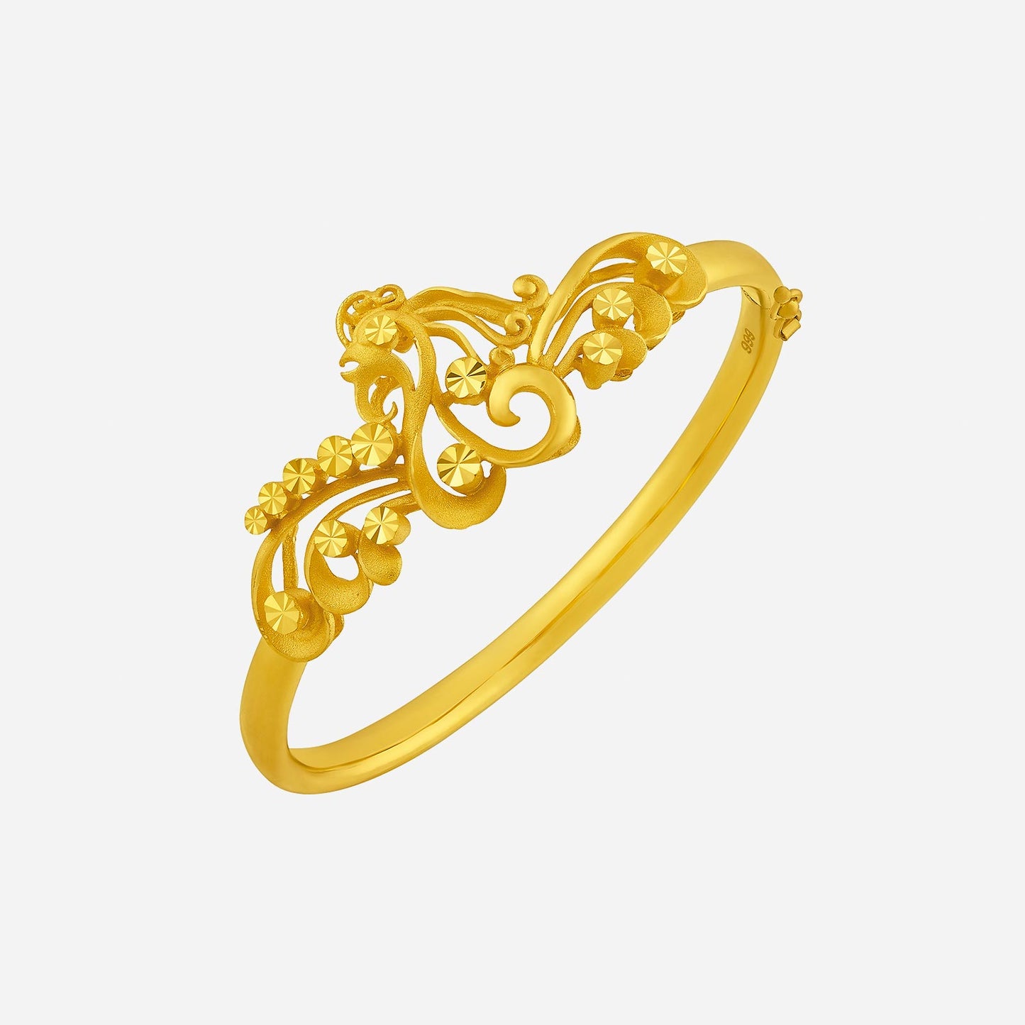 24k yellow gold phoenix bangle with intricate floral and phoenix design, symbolizing prosperity and grace.
