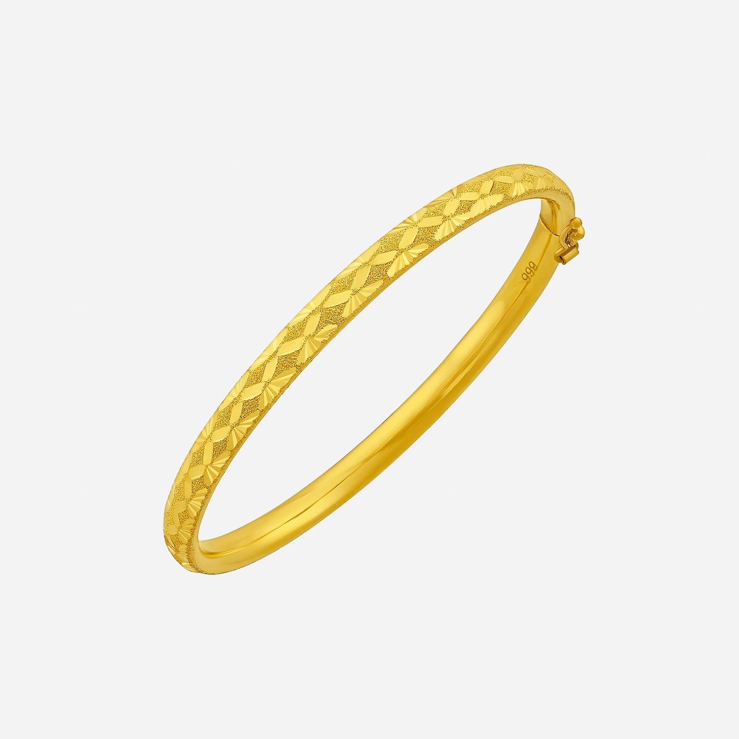 24k yellow gold bangle featuring a textured geometric design, perfect for elegant occasions.