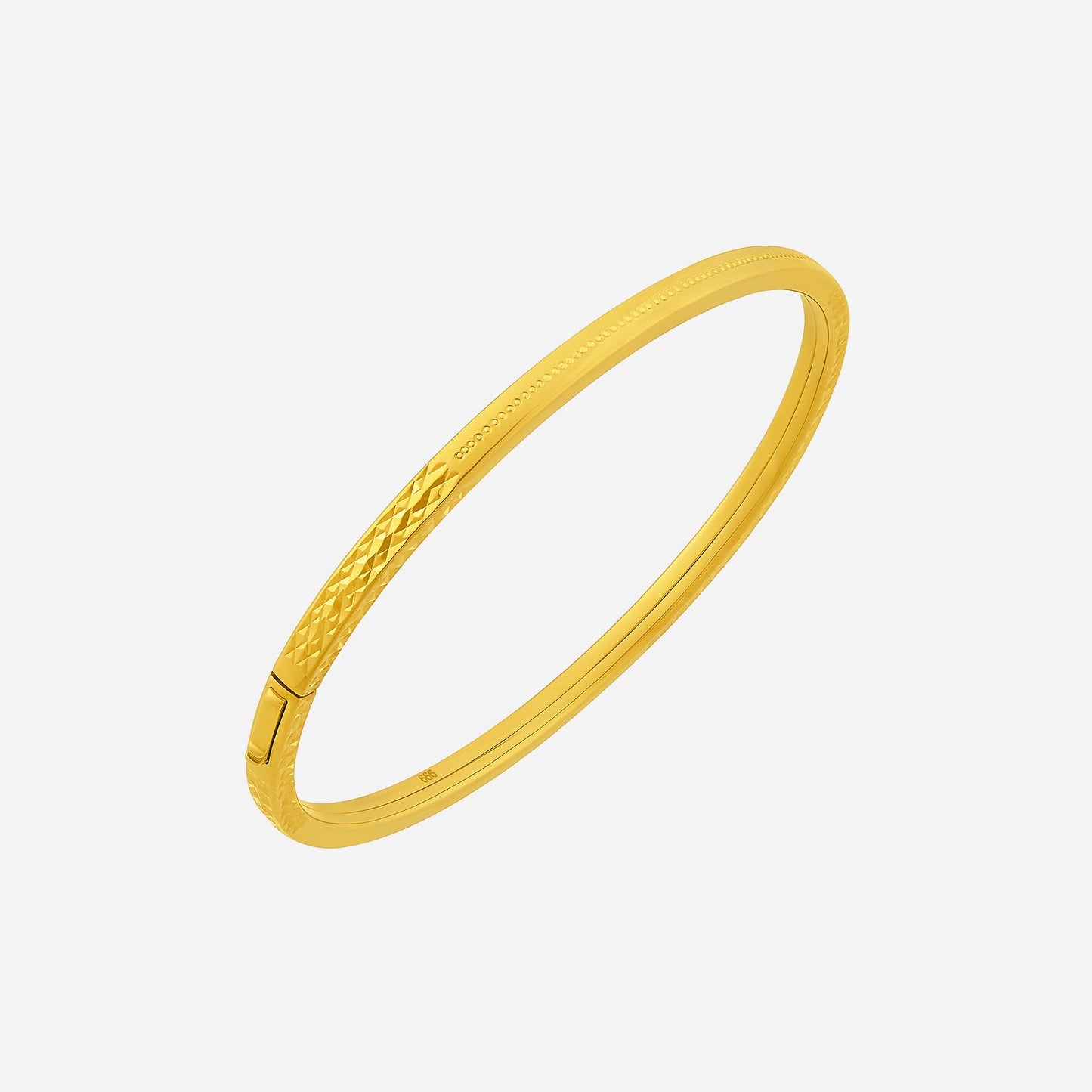 radiant 24k yellow gold bangle featuring a textured design, perfect for timeless elegance and versatile styling.