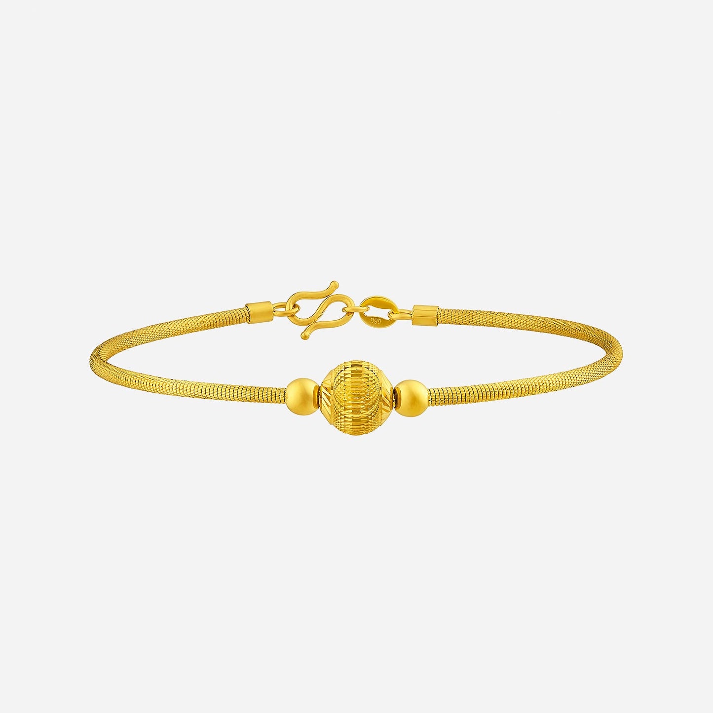 24k yellow gold bangle with textured centerpiece and sleek mesh design, perfect for elegance on any occasion.