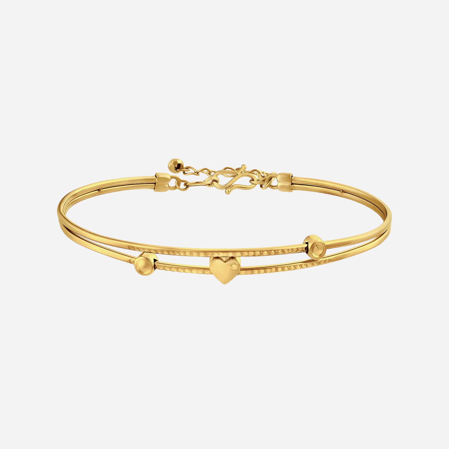 radiant bangle in 24k yellow gold featuring a heart and round bead design, adding elegance to any outfit.