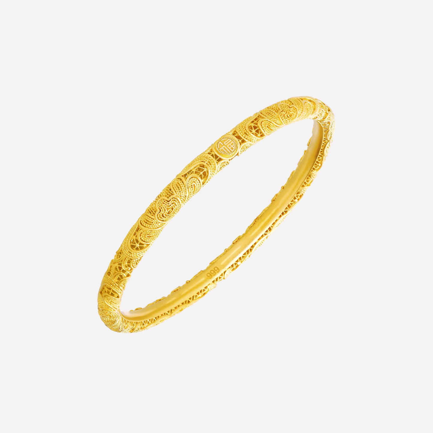 auspicious bangle in 24k yellow gold with intricate peony and cloud motifs symbolizing wealth and harmony.