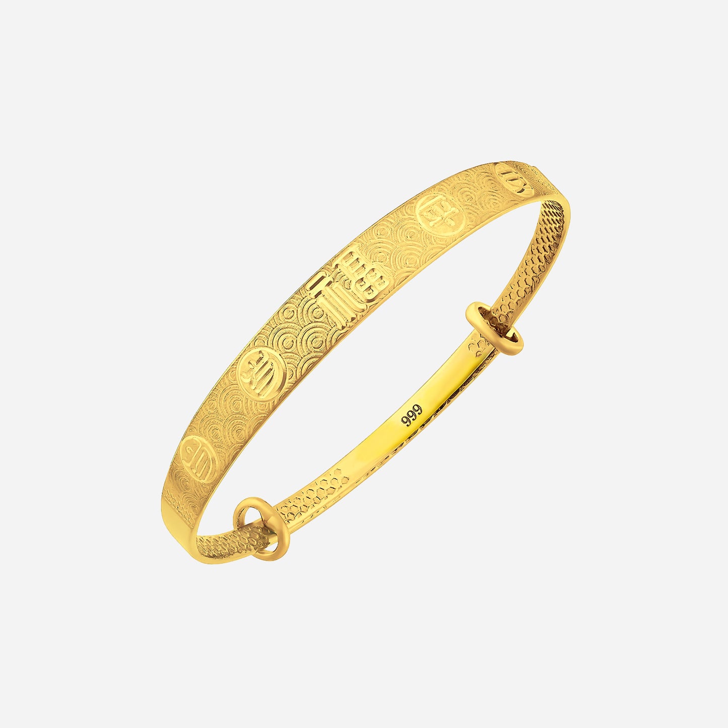 auspicious baby bangle in 24k yellow gold, featuring engraved motifs symbolizing prosperity and good fortune.