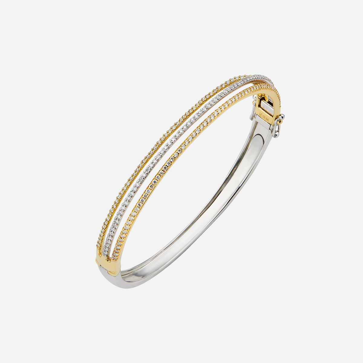 tricolour diamond bangle in 18k yellow, white, and rose gold with round brilliant diamonds and intricate design.