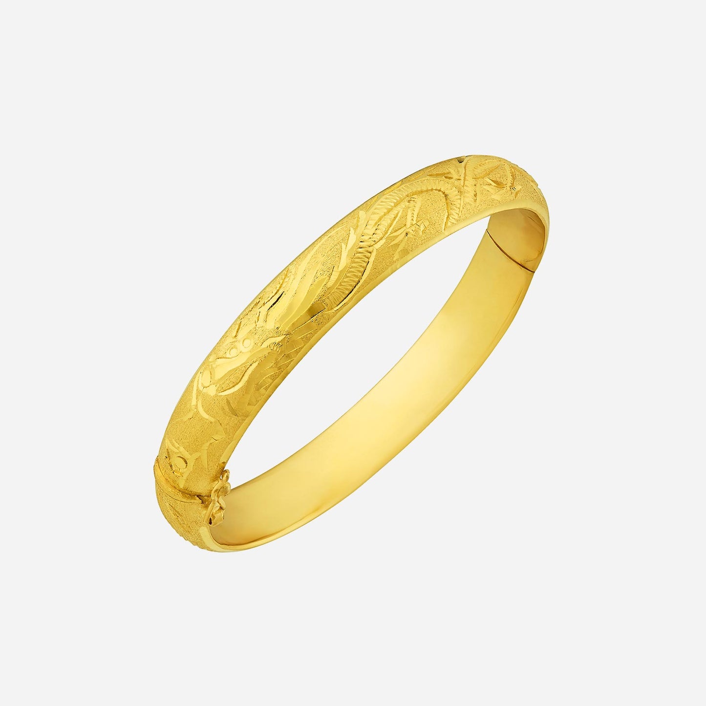 22k yellow gold dragon and phoenix bangle featuring intricate engraved designs symbolizing harmony and prosperity.