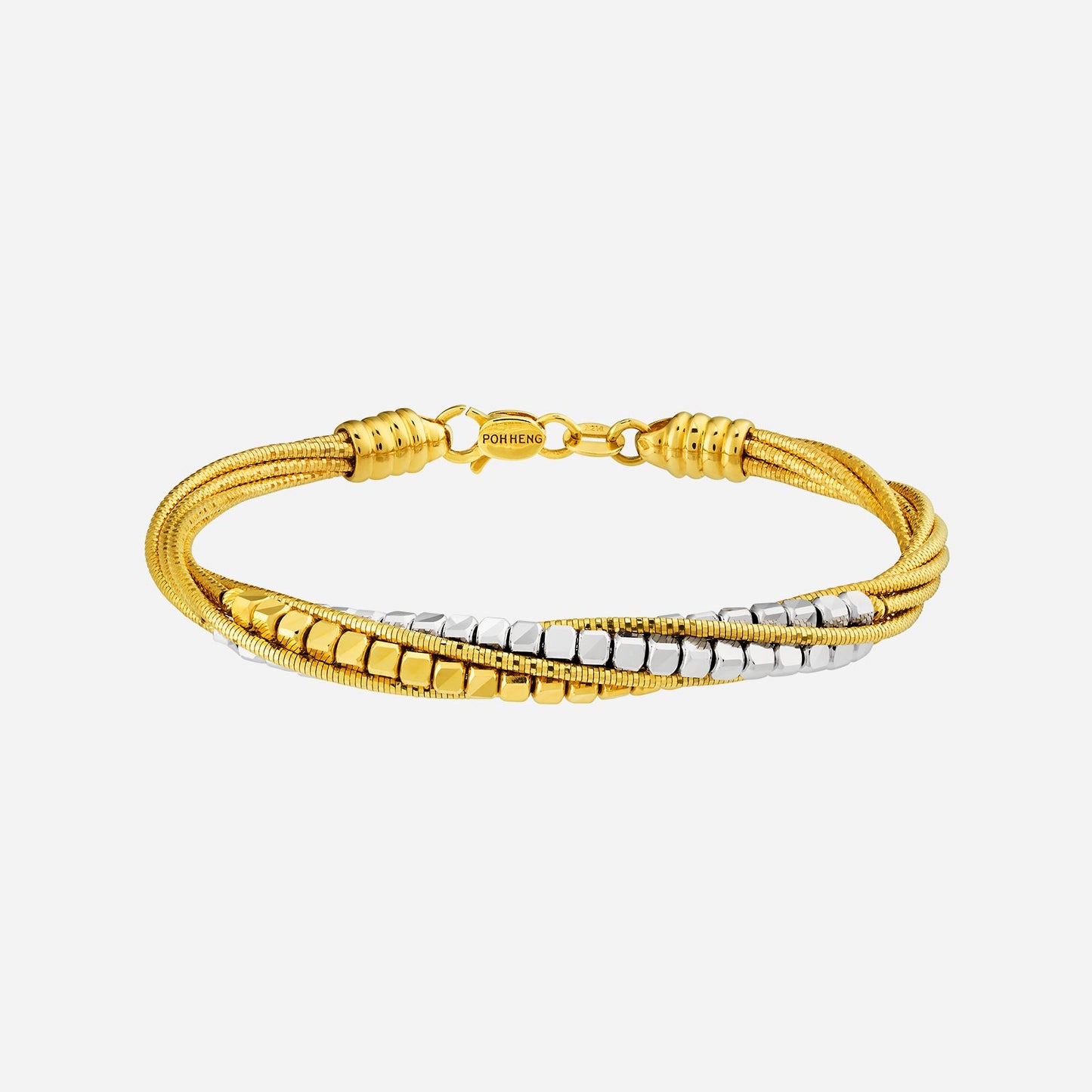cobbled bangle in 22k yellow and white gold with diamond cut beads in braided design. elegant and modern accessory.