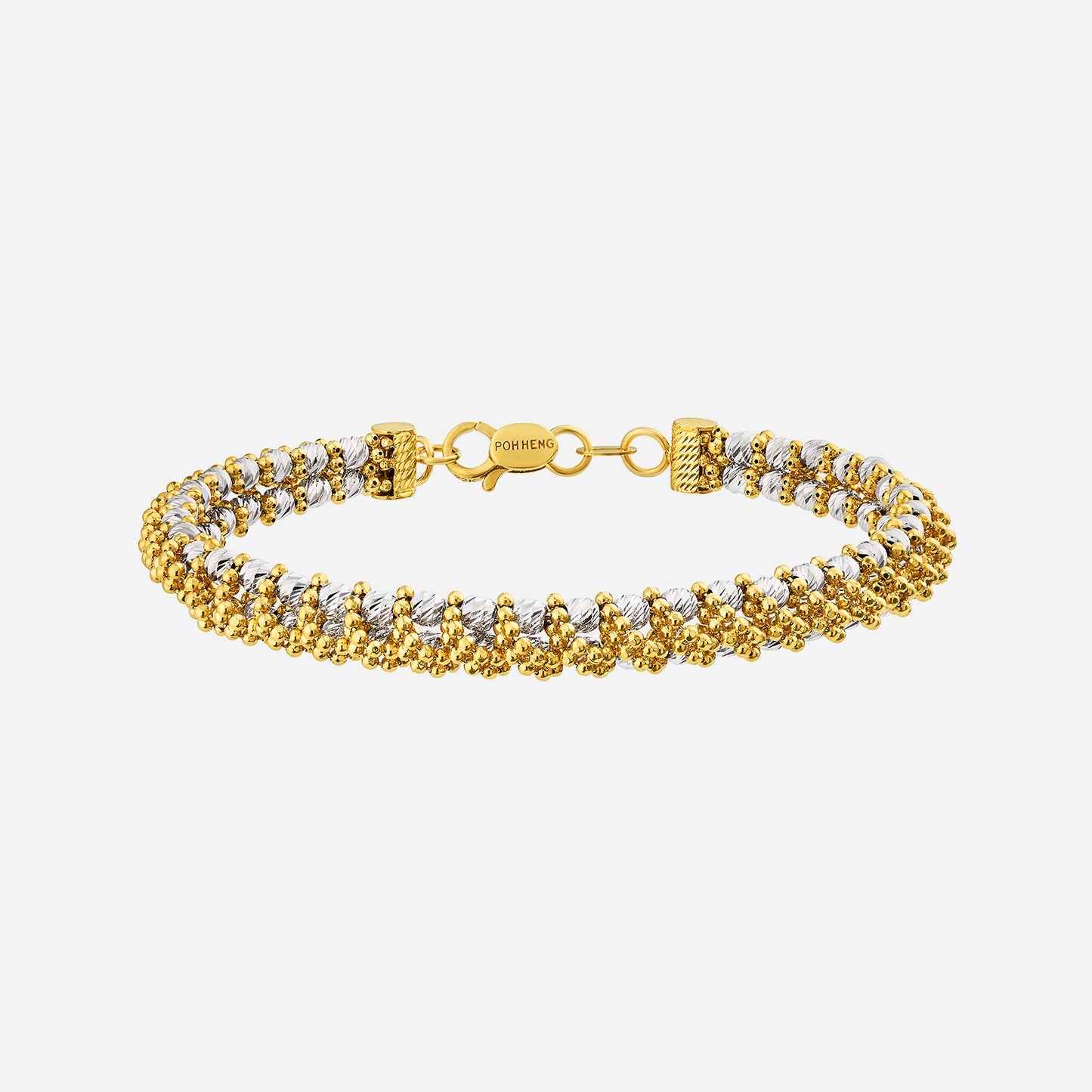 adorned bangle in 22k yellow and white gold with a popcorn chain design, showcasing elegant light reflections.