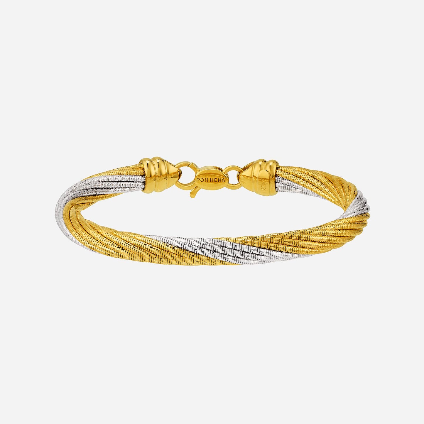 twisted bangle in 22k yellow and white gold with a contemporary two-tone design, showcasing intricate twists.