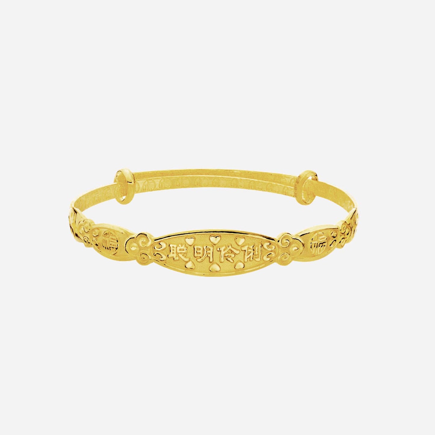 baby bangle in 24k yellow gold with decorative engraving and heart motifs, symbolizing well wishes for a future.