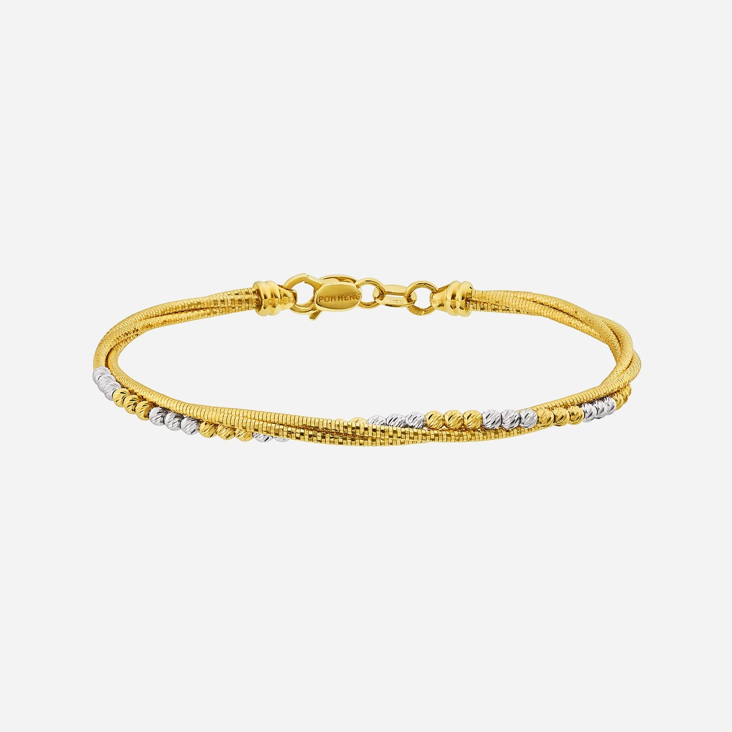 twisted bangle in 22k yellow and white gold with intricate rope design and clasp closure.