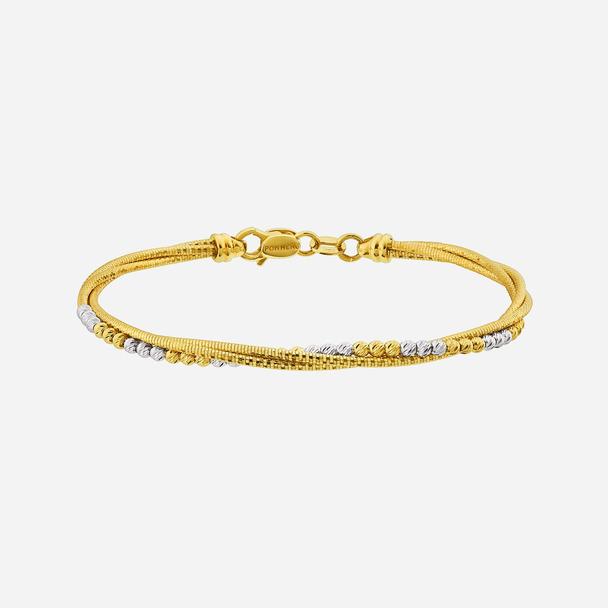 twisted bangle in 22k yellow and white gold with intricate rope design and beaded accents. perfect for any occasion.