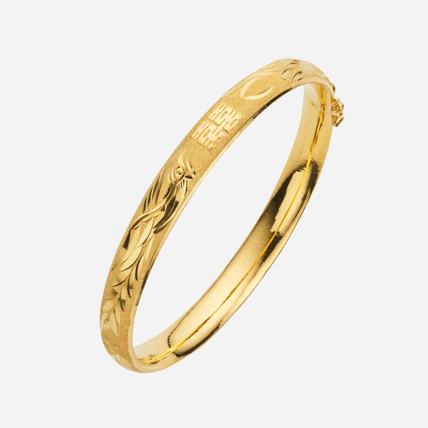 24k yellow gold double happiness bangle with intricate si dian jin design and textured detailing.